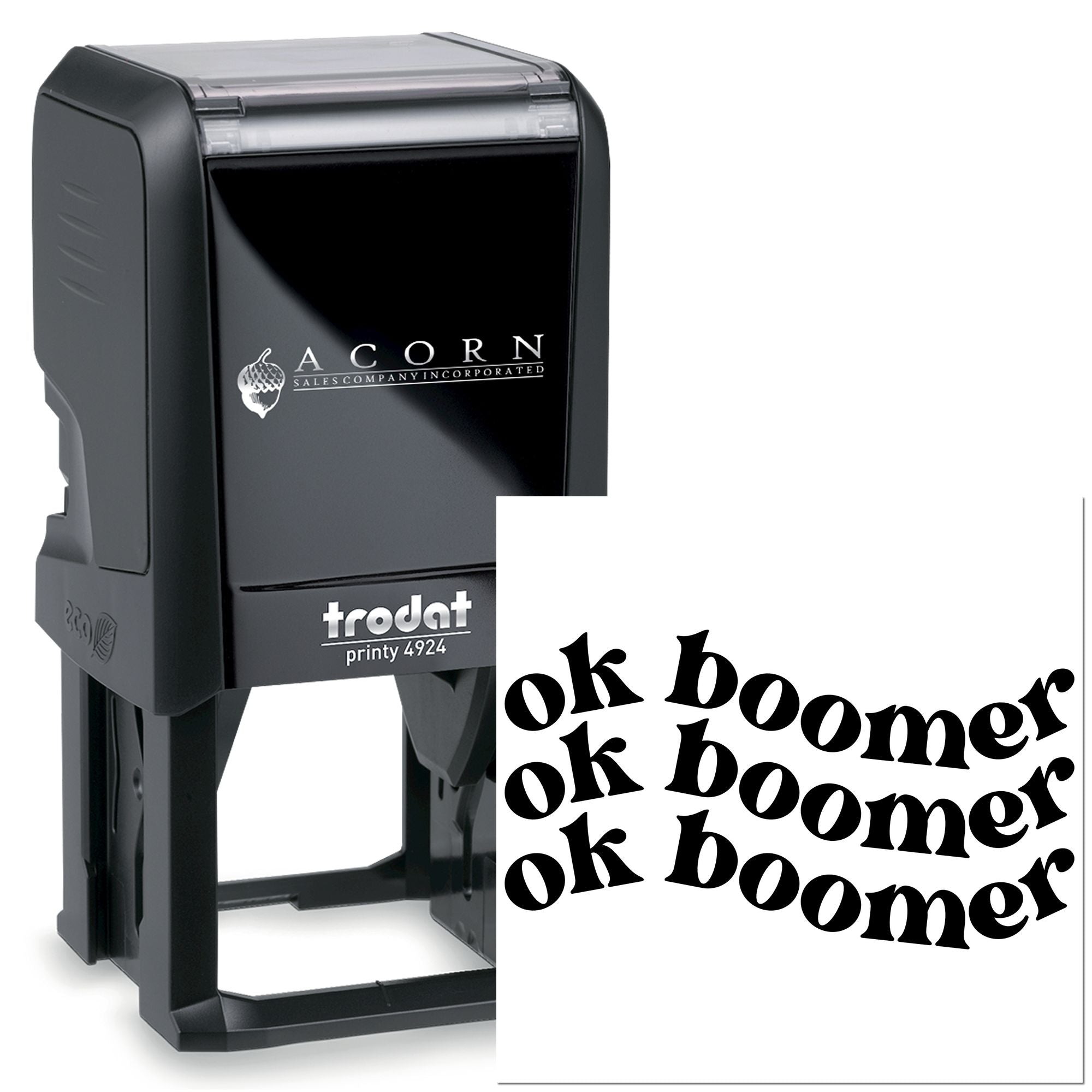 Custom self-inking rubber stamp, Trodat Printy 4924, with logo imprint and sample text for business use.