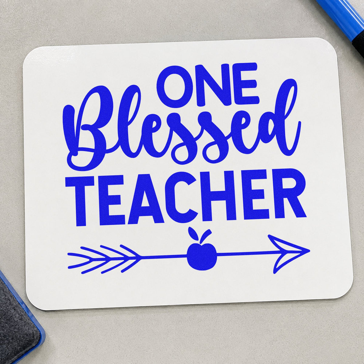 One Blessed Teacher Apple craft stamp in blue ink on cardstock, an easy option for stole edge panels.
