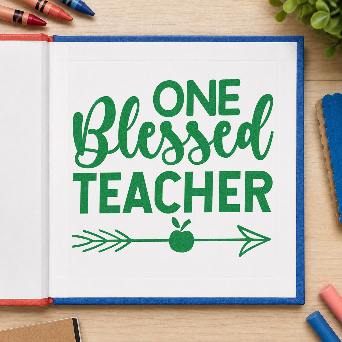 One Blessed Teacher Apple craft stamp imprint in green ink on a handmade project, one idea being framed quiet room.