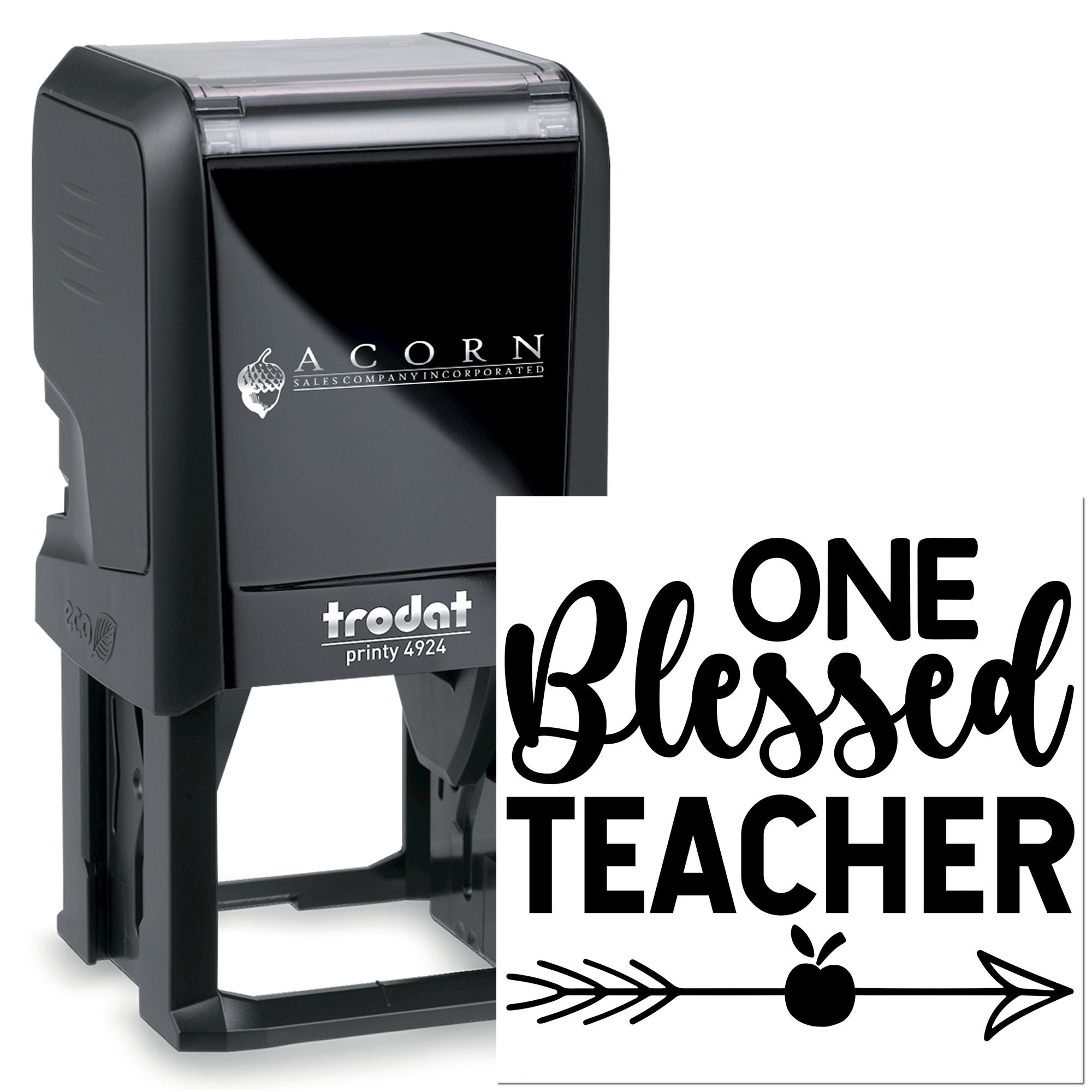 One Blessed Teacher self-inking rubber stamp, a personalized teacher appreciation stamp for classroom gifts, notes, and stationery.