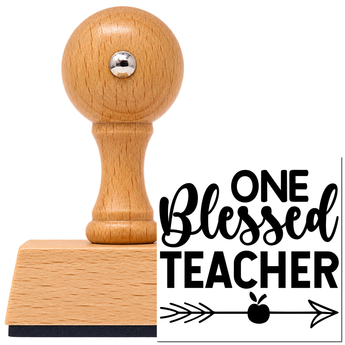 One Blessed Teacher Apple Arrow Vintage Pro rubber stamp in European beech wood with a round knob handle, shown beside its black imprint.