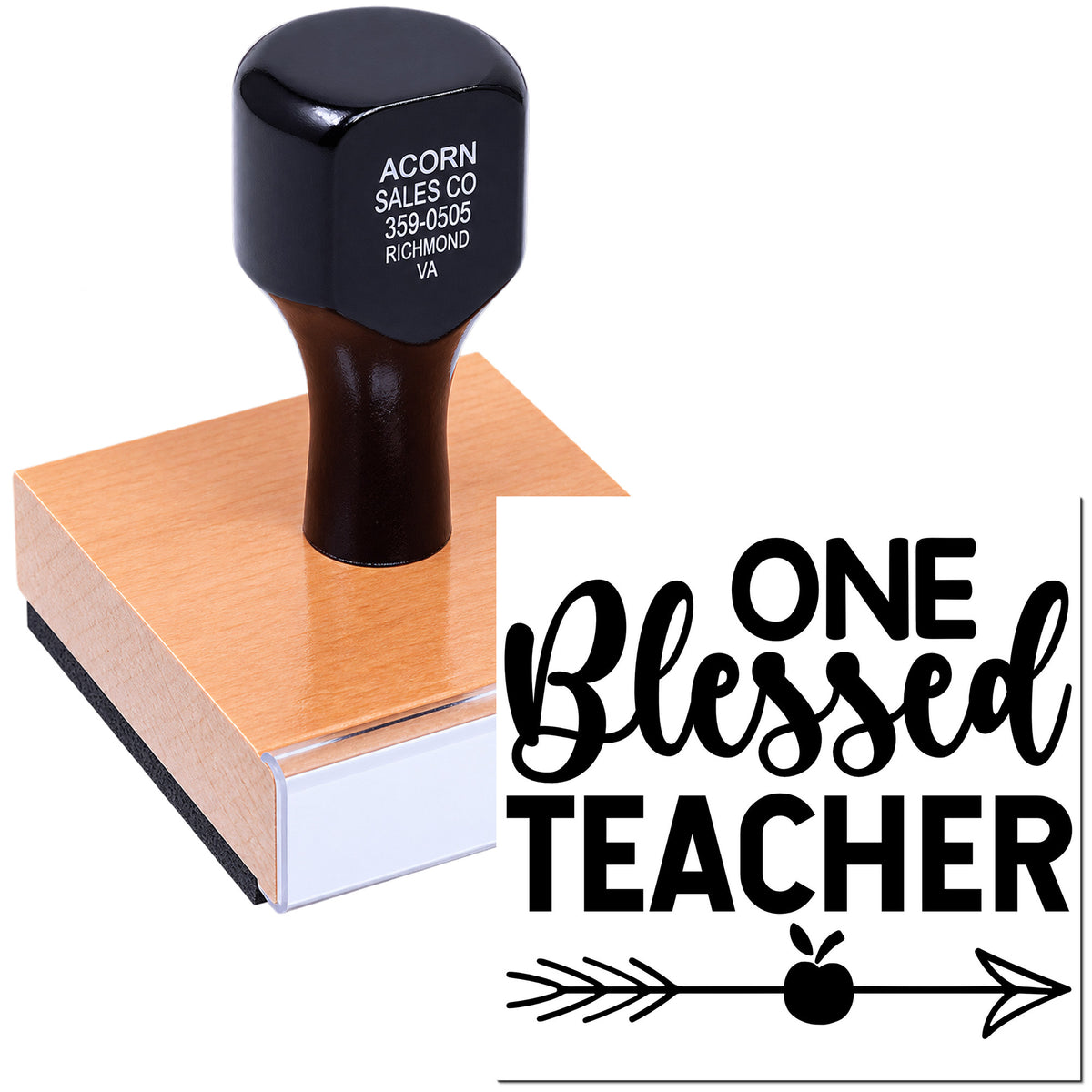 One Blessed Teacher rubber stamp with wooden handle for teacher appreciation gifts, crafts, and custom stamping.
