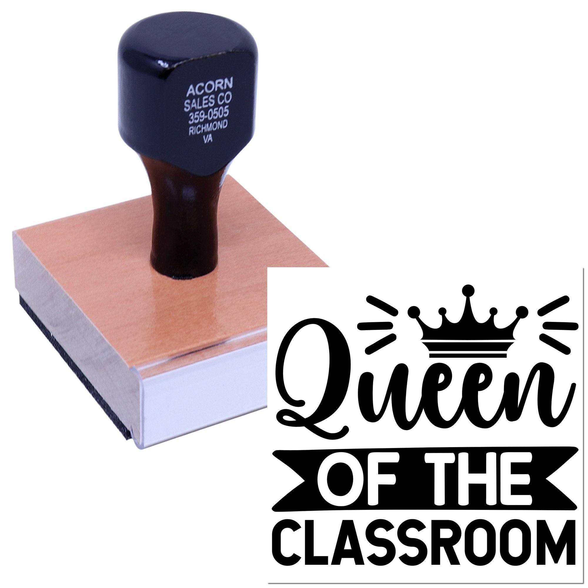 Custom teacher rubber stamp with Queen of the Classroom crown design for classroom rewards and educator branding.