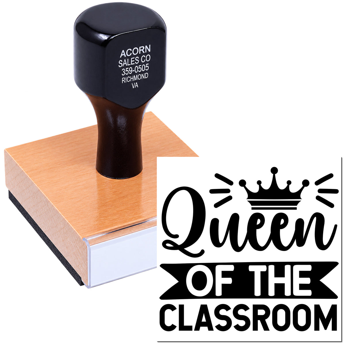 Custom teacher rubber stamp with Queen of the Classroom crown design for classroom rewards and educator branding.