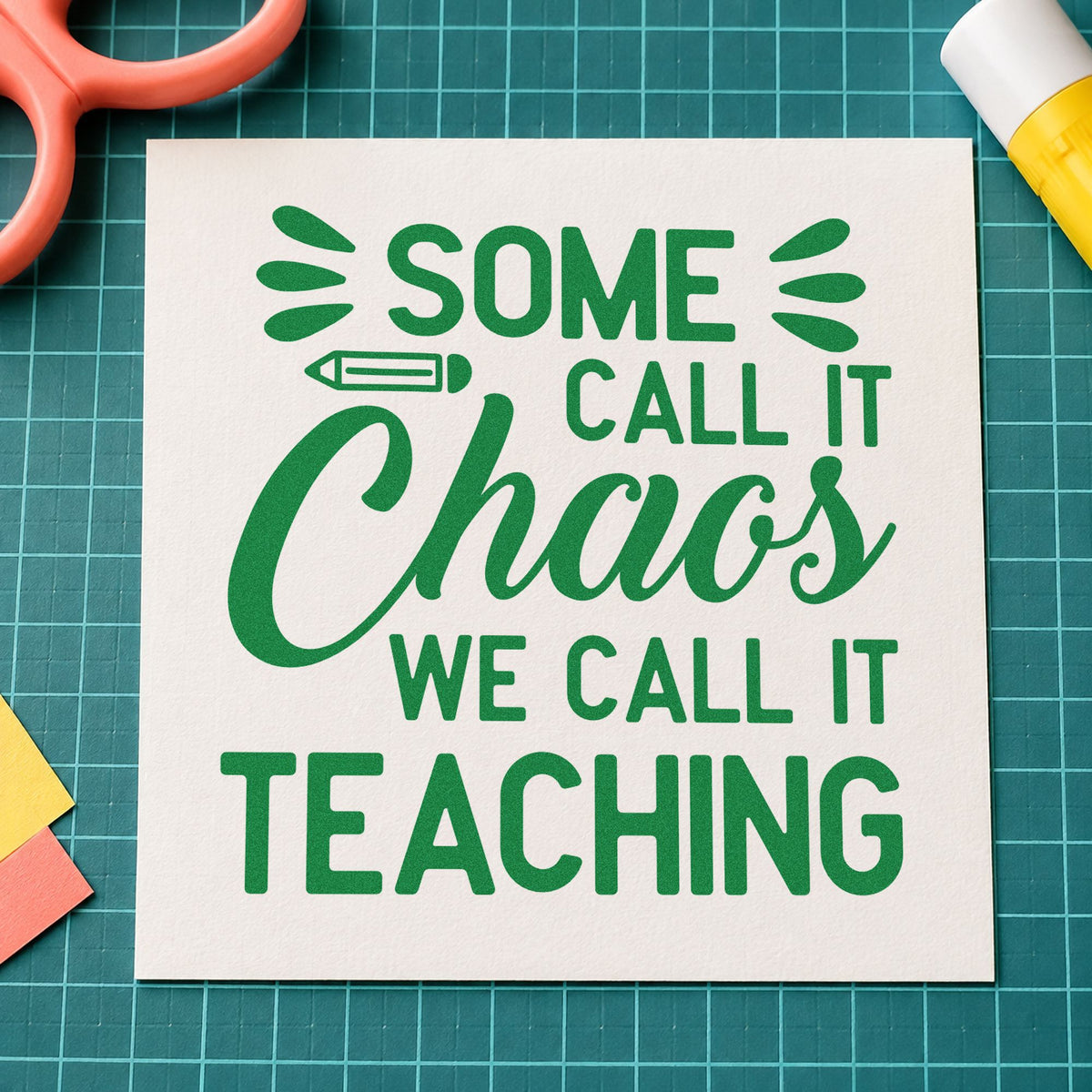 Chaos We Call Teaching craft stamp imprint in green ink on a handmade project, one idea being framed store cupboard.