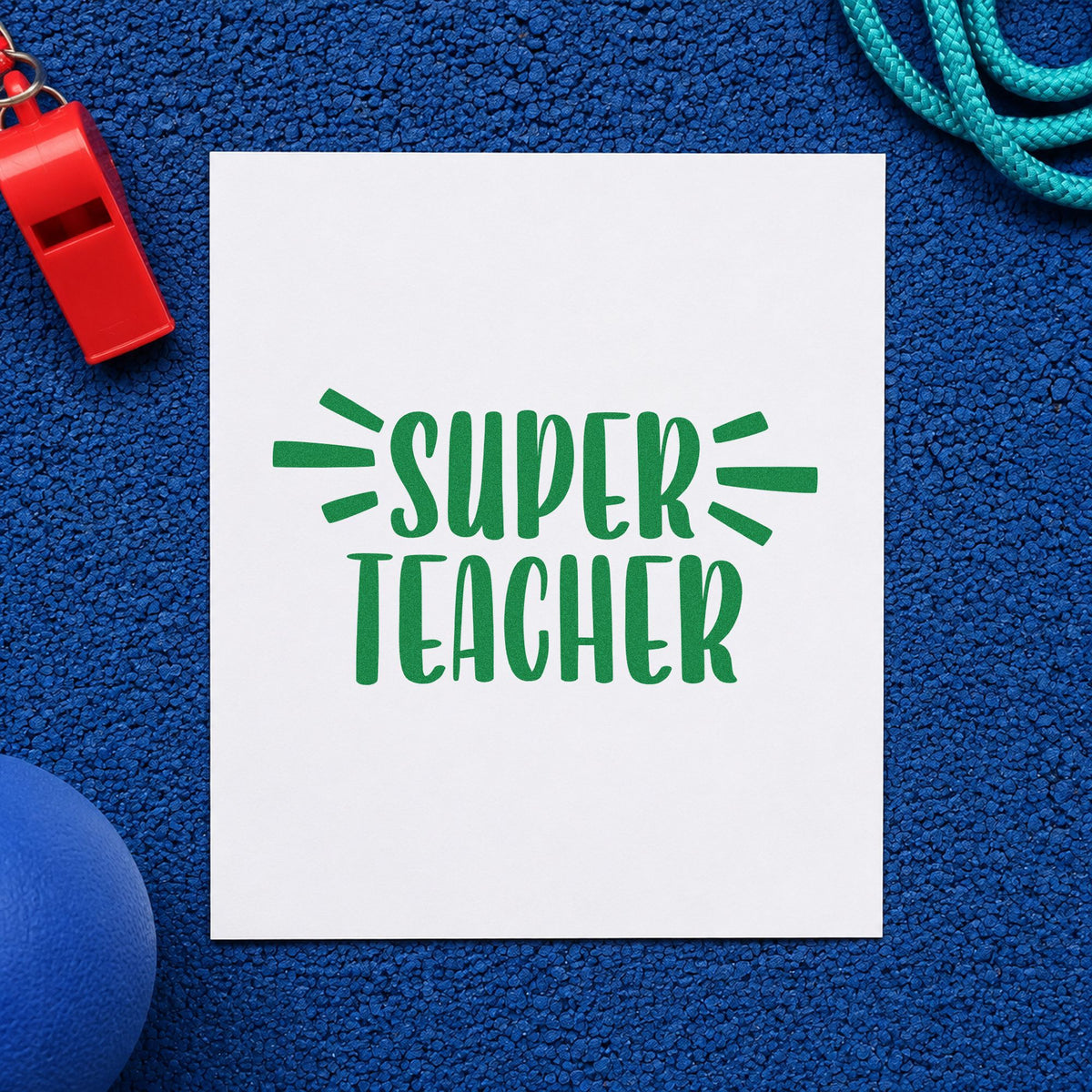 Super Teacher Bold Lettering craft stamp imprint in green ink on a handmade project, one idea being framed merit board.