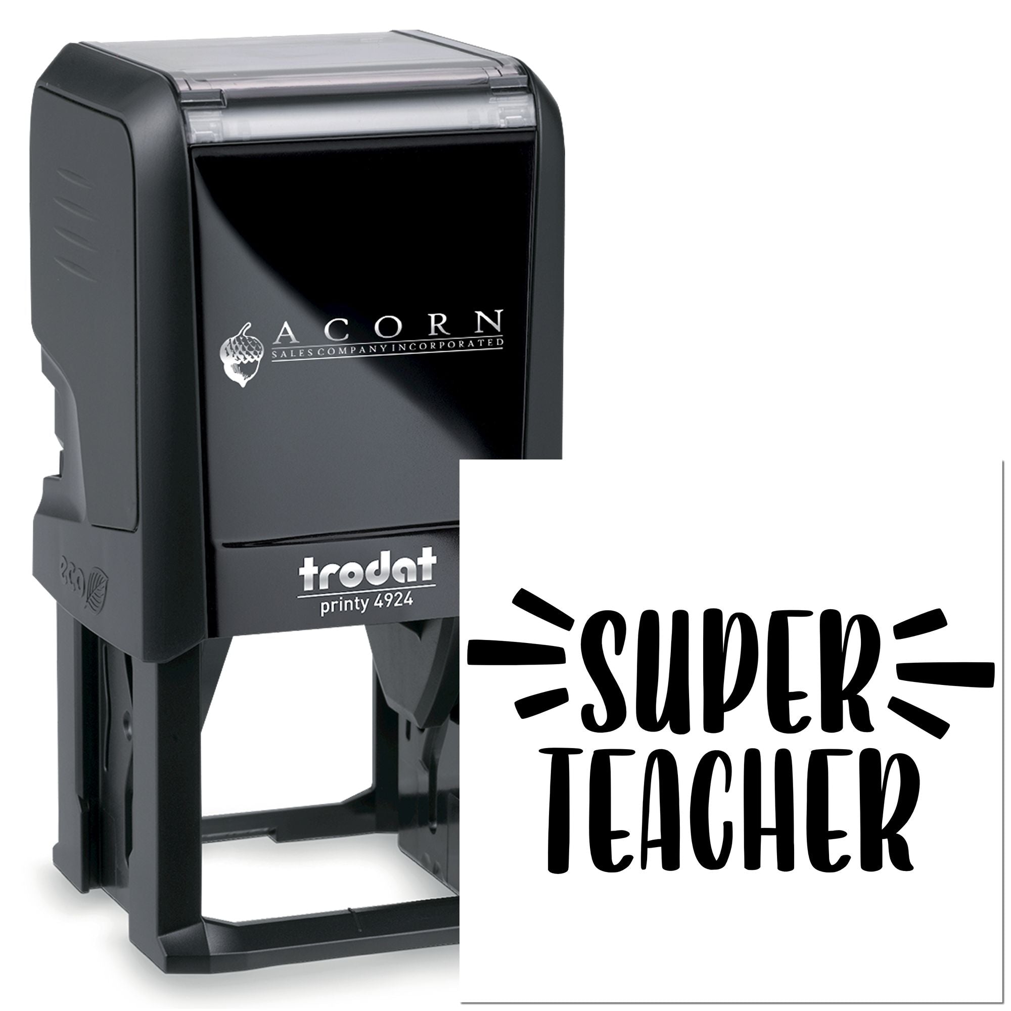 Custom self-inking rubber stamp with Super Teacher imprint, Trodat Printy 4924 for classroom use and teacher rewards.