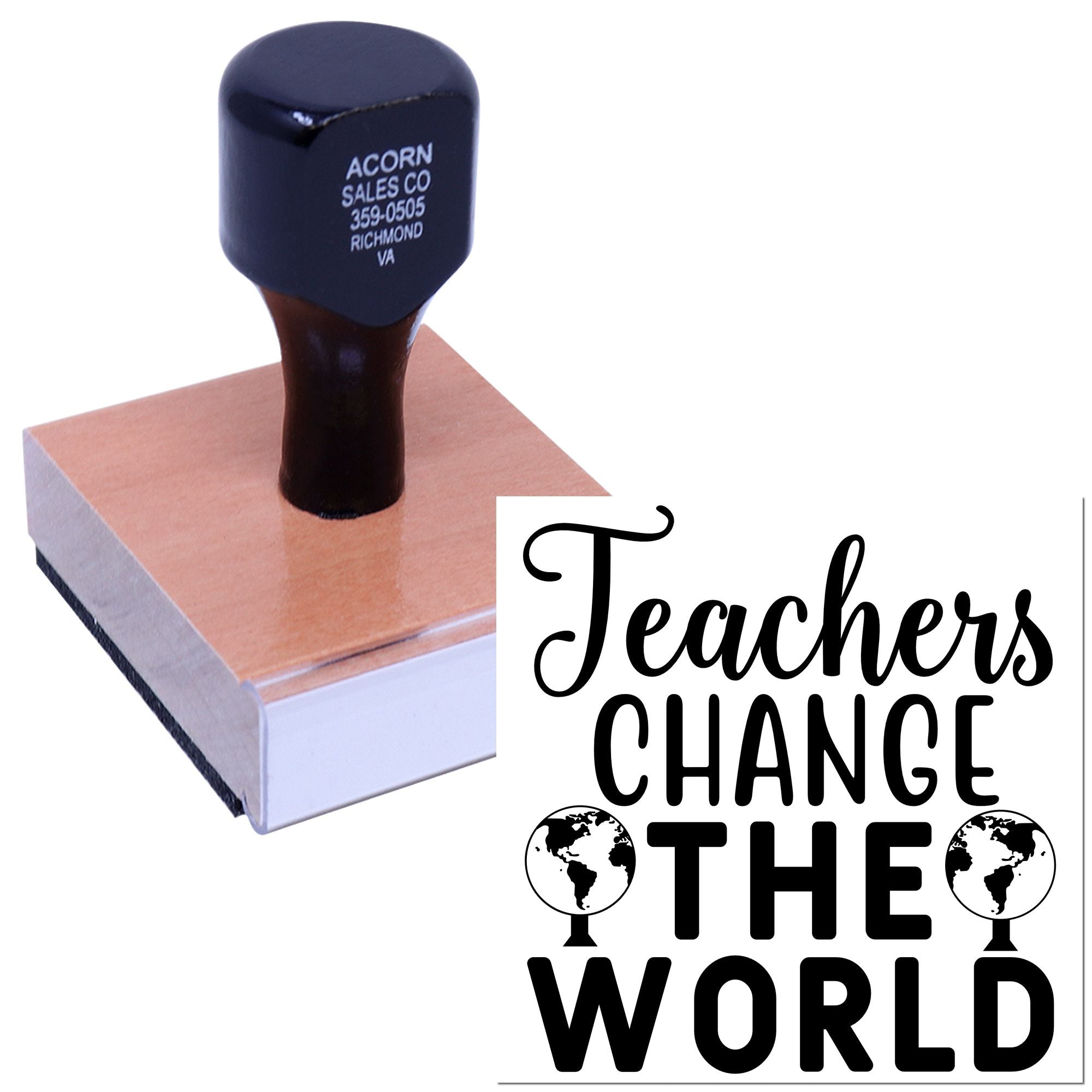 Custom teacher rubber stamp with Teachers Change the World design for classroom crafts, cards, and educator gifts.