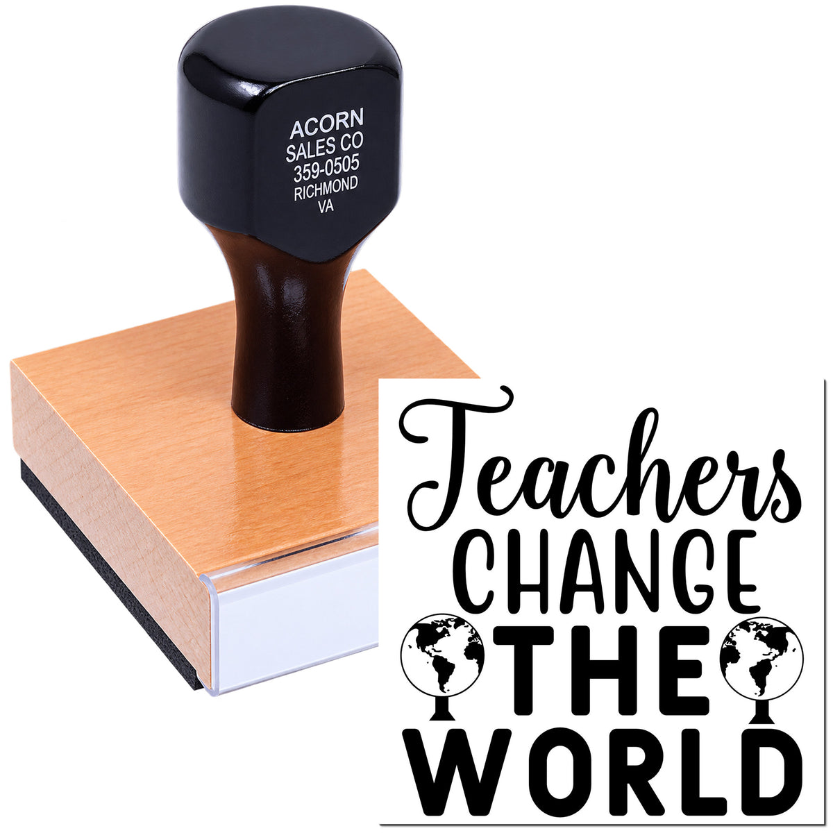 Custom teacher rubber stamp with Teachers Change the World design for classroom crafts, cards, and educator gifts.
