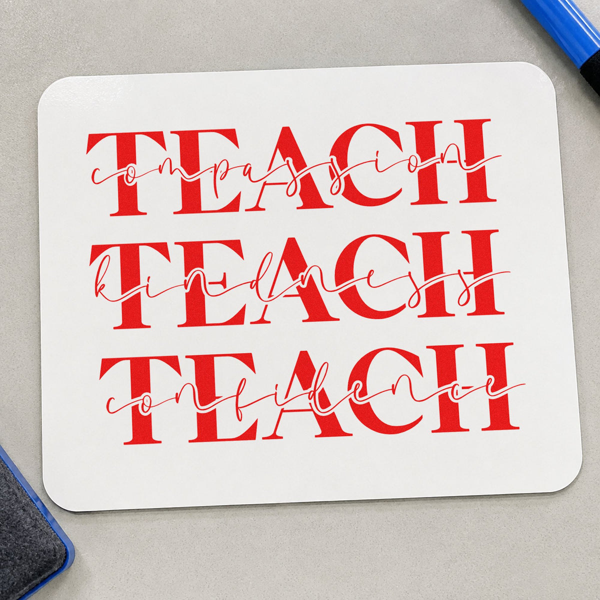 Teach Compassion Kindness Confidence rubber stamp shown in red ink, stamped for projects such as governor visit notes.