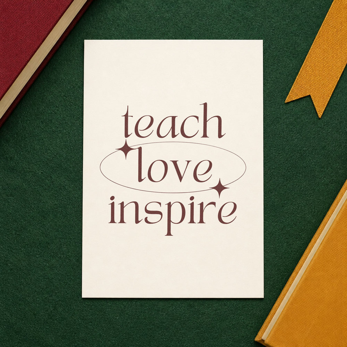Teach Love Inspire Orbit rubber stamp printed in brown ink, ready for specimen jar labels and similar paper crafts.