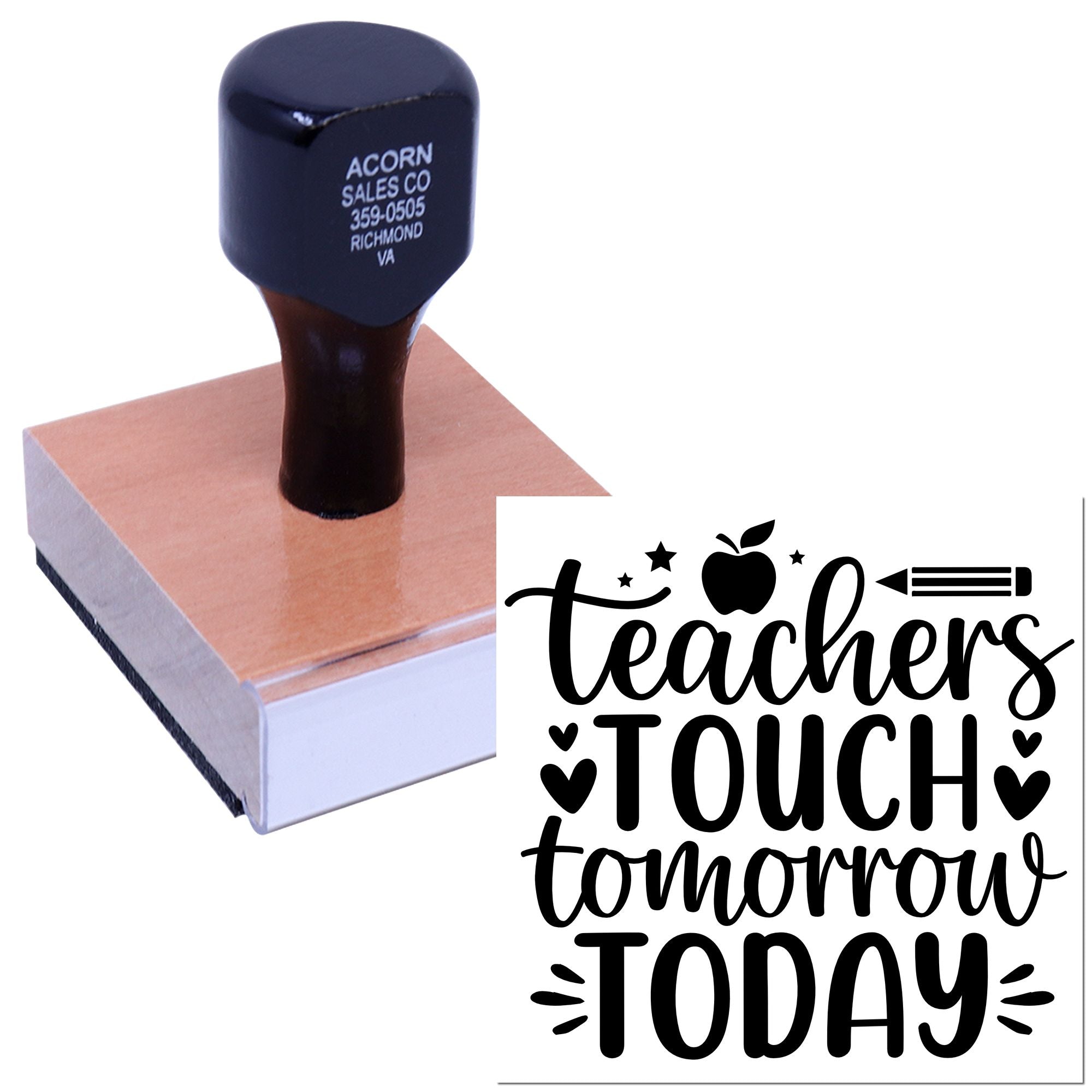 Teacher rubber stamp with Teachers Touch Tomorrow Today design, apple and pencil icon for classroom gifts and paper crafts.