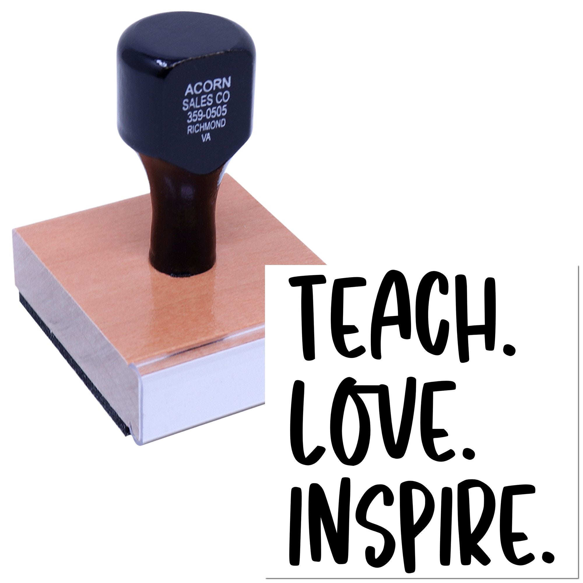 Custom teacher rubber stamp pressing on notepad with Teach. Love. Inspire. inspirational classroom design.