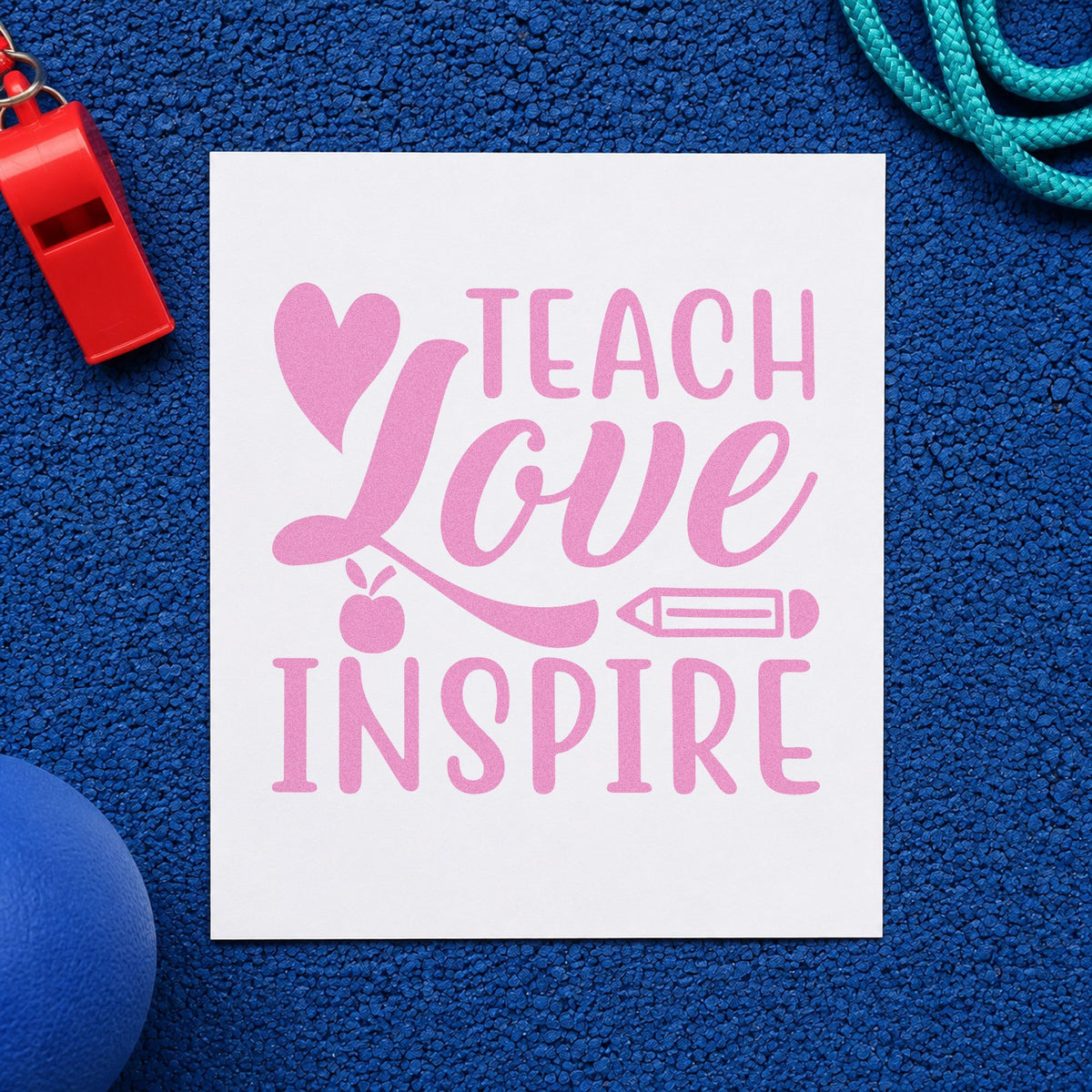 Teach Love Inspire Icons craft stamp in purple ink on cardstock, an easy option for farewell bag tags.