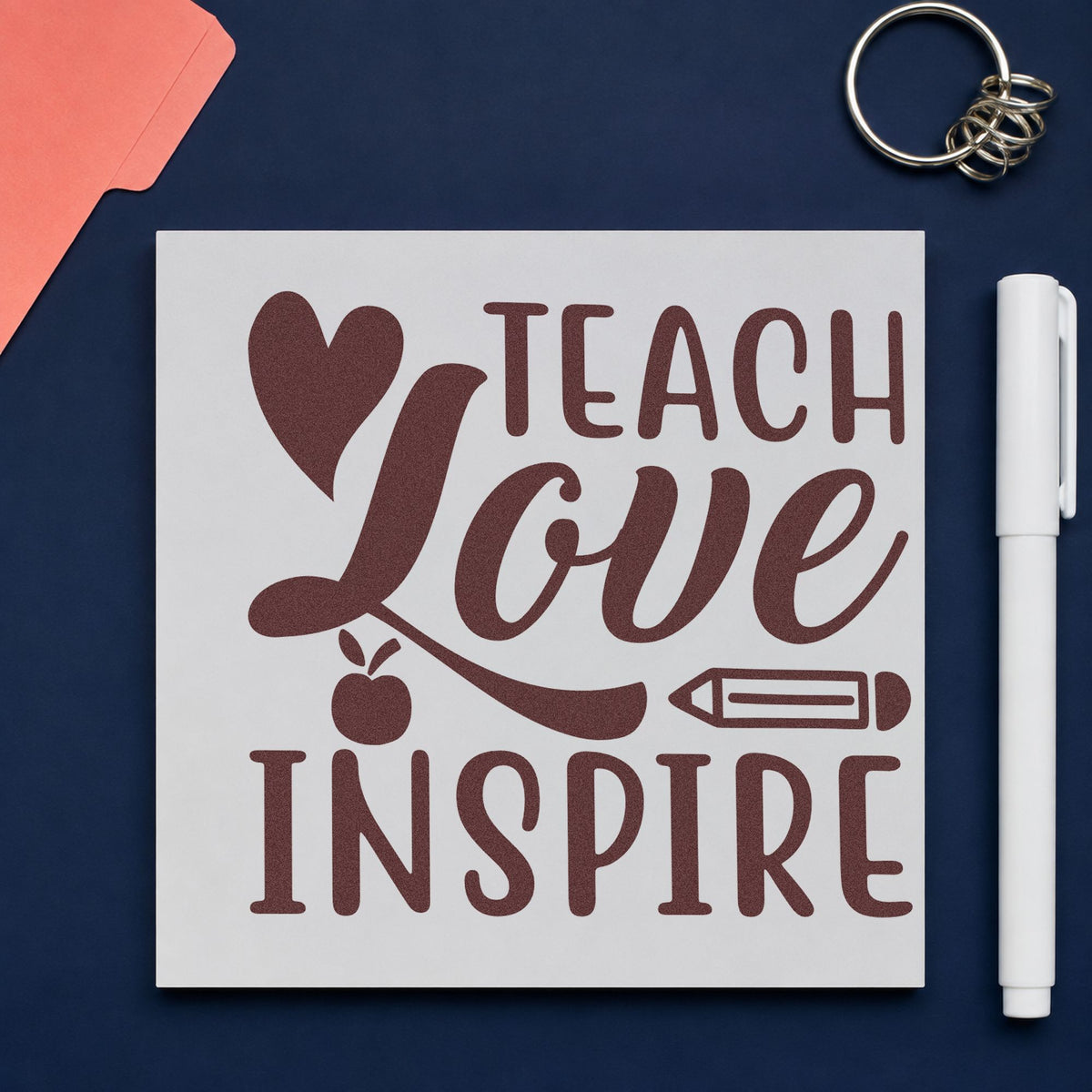 Teach Love Inspire Icons rubber stamp printed in brown ink, ready for gift basket labels and similar paper crafts.