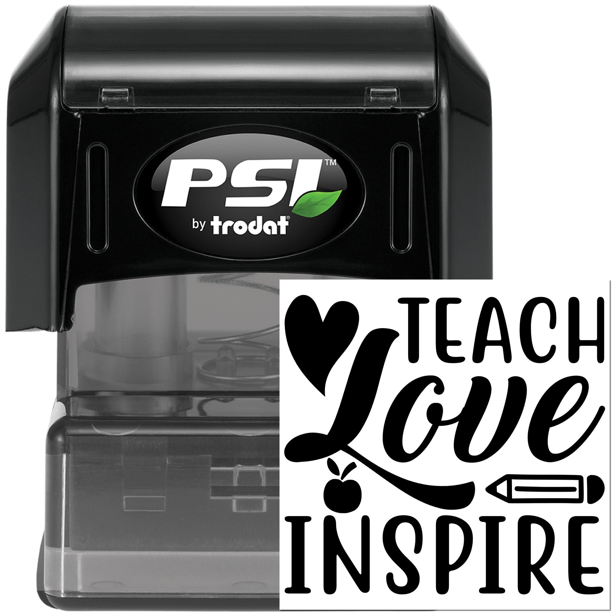PSI by Trodat self-inking custom teacher rubber stamp with I Love Teach Inspire design for classroom grading and crafts