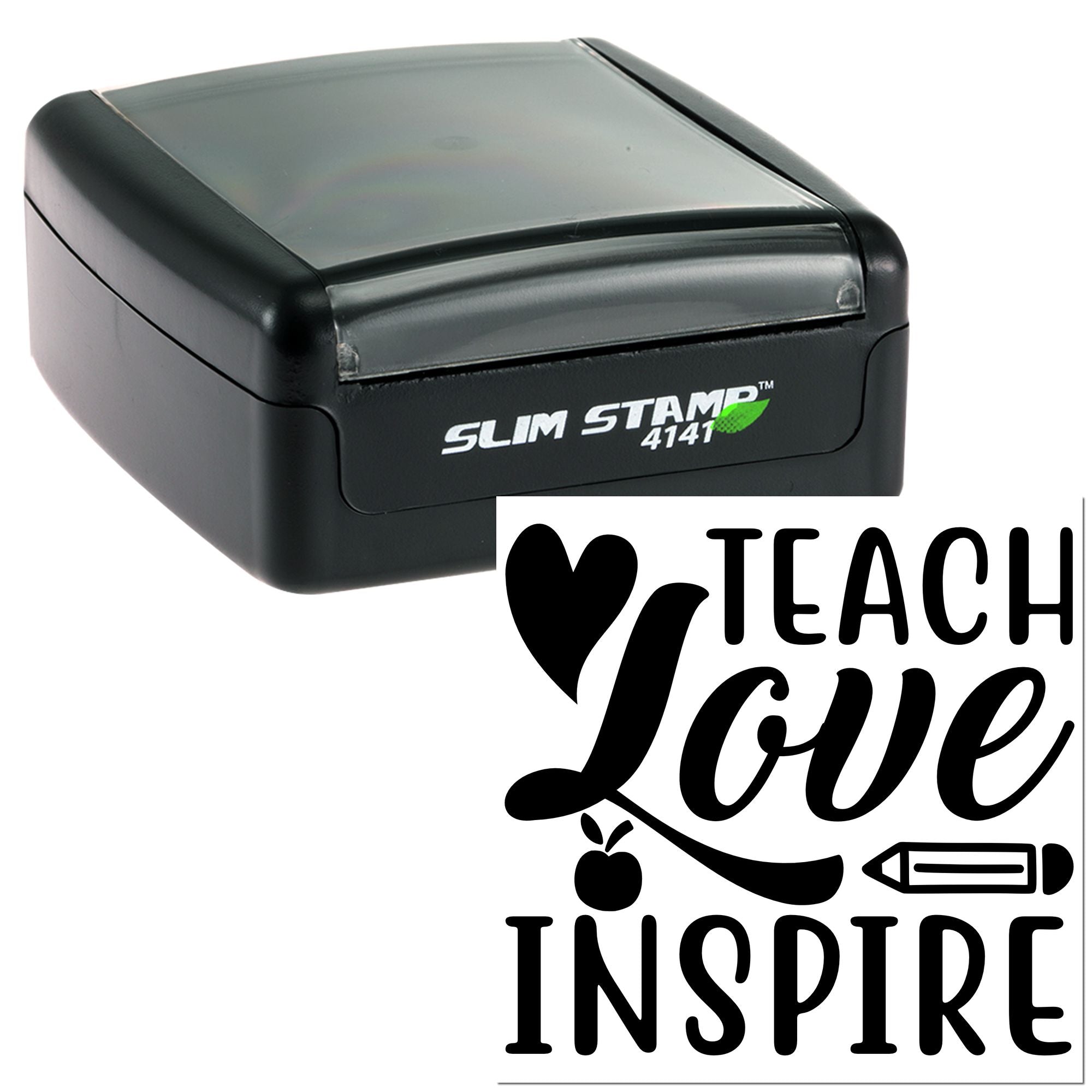 Custom self-inking rubber stamp with Teach Love Inspire design for teacher appreciation and classroom branding.
