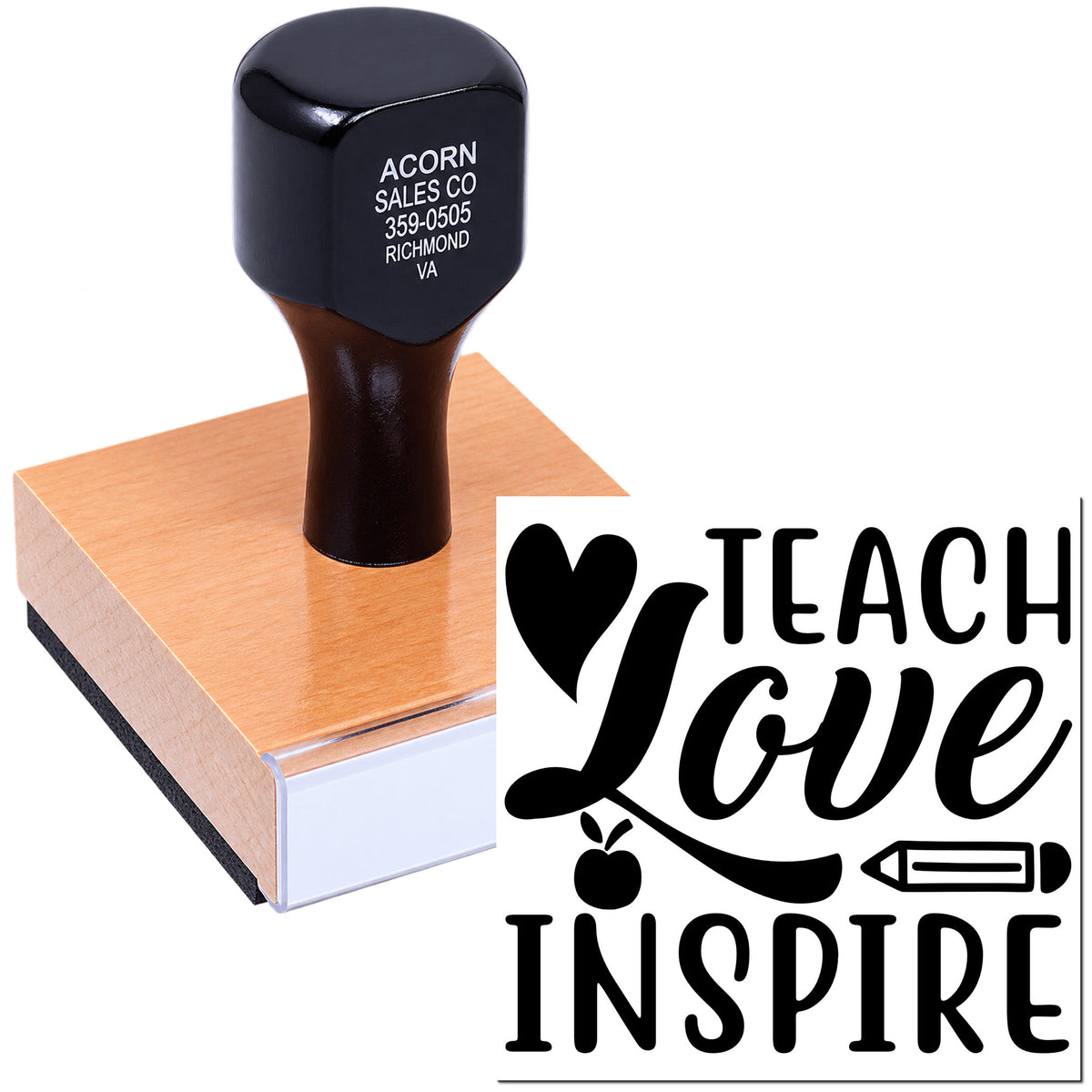 Teacher appreciation rubber stamp design reading I Heart Teach Love Inspire for classroom or gift projects.