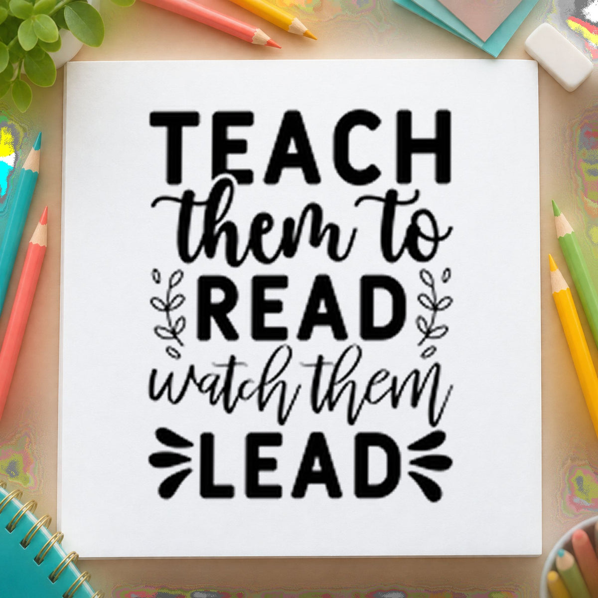 Teach Read Watch Lead rubber stamp printed in black ink, ready for read then lead cards and similar paper crafts.