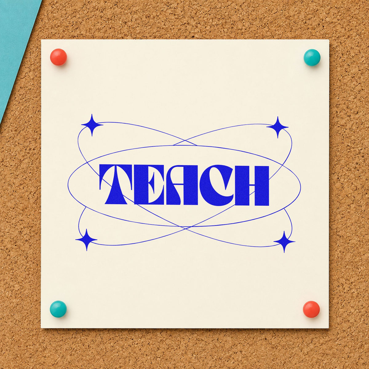 Teach With Orbit Sparkles craft stamp in blue ink on cardstock, an easy option for hoodie back panels.