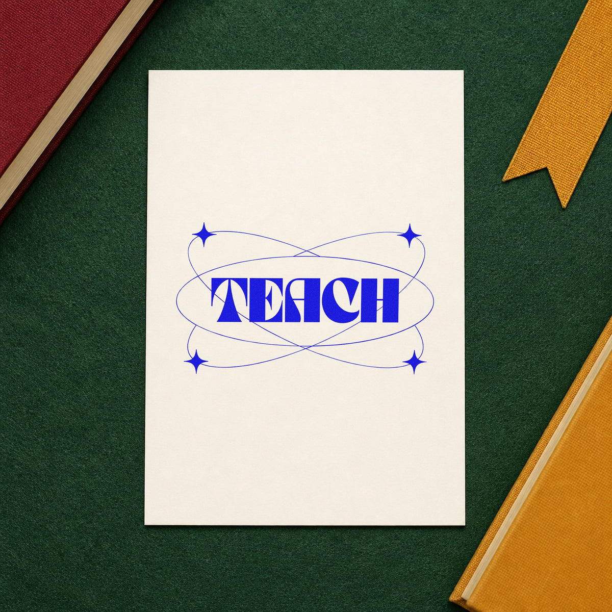 Teach With Orbit Sparkles craft stamp imprinted in blue ink on paper, a design suited to data folder seals.