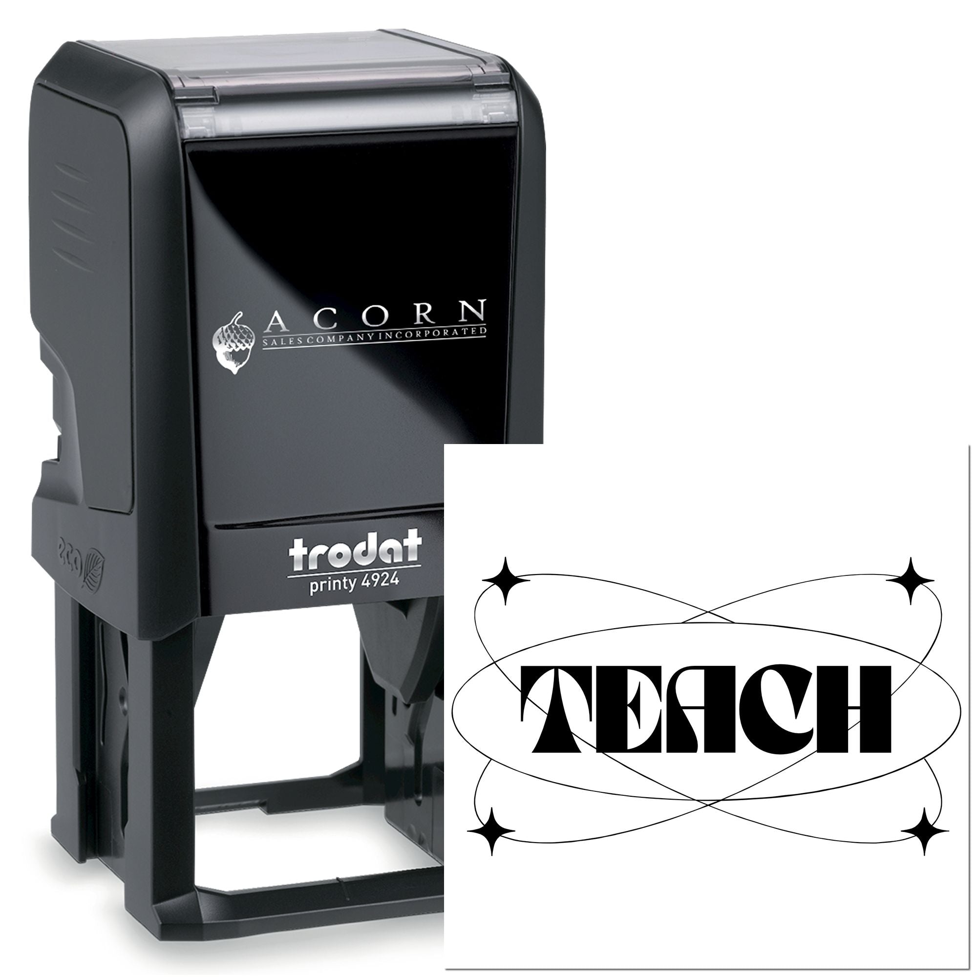 Trodat Printy 4924 self-inking custom rubber stamp with Acorn Sales logo and decorative TEACH imprint for business branding.