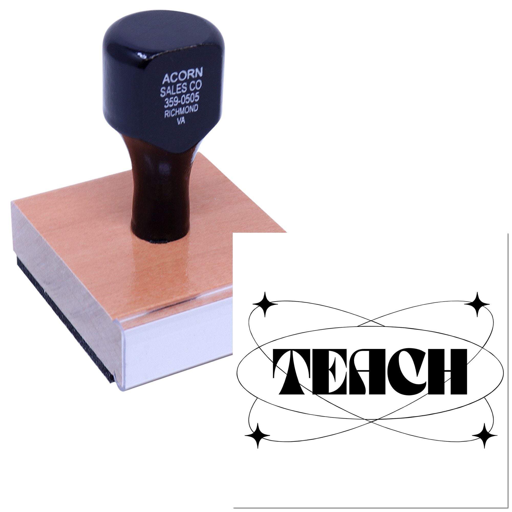Wood-mounted custom teacher rubber stamp with TEACH design for grading papers, classroom use, and lesson planning.