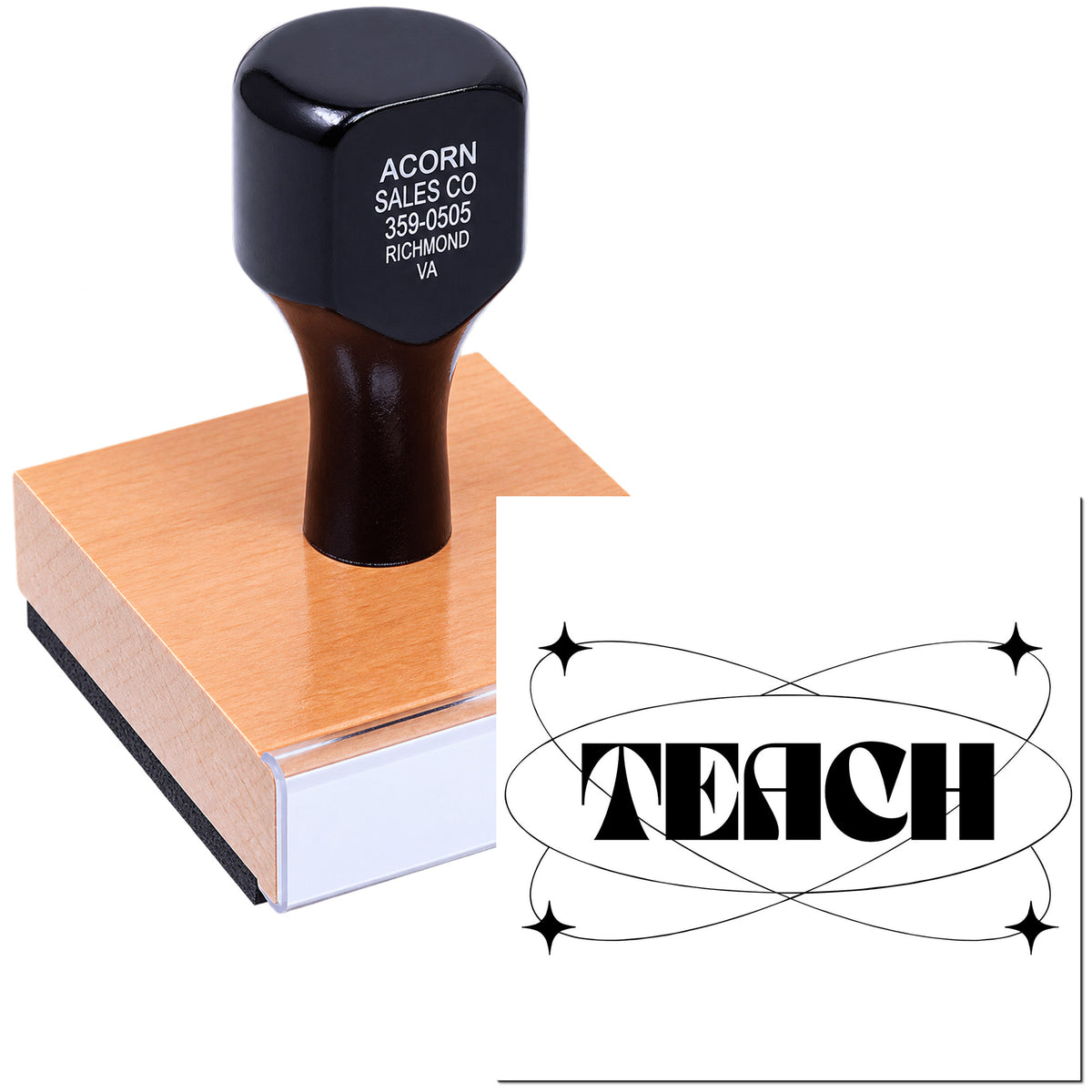 Wood-mounted custom teacher rubber stamp with TEACH design for grading papers, classroom use, and lesson planning.