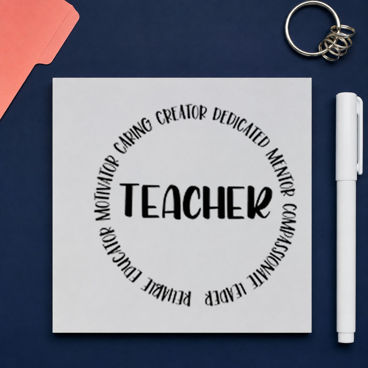 Teacher Circular Qualities rubber stamp printed in black ink, ready for word ring cards and similar paper crafts.