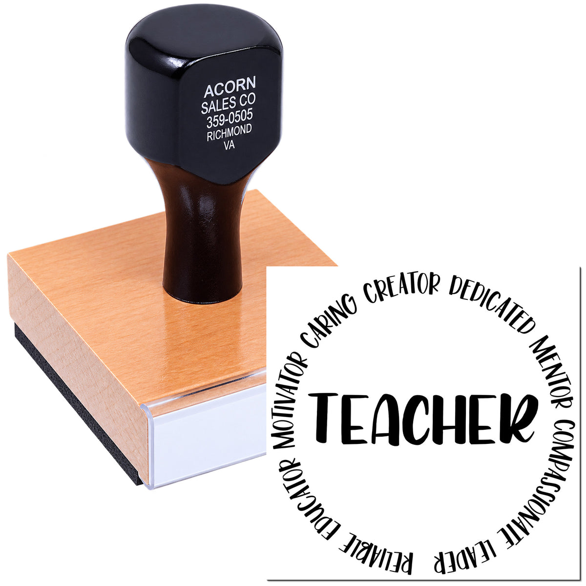 Custom teacher appreciation rubber stamp for classroom use, featuring a TEACHER design with motivational words around it.