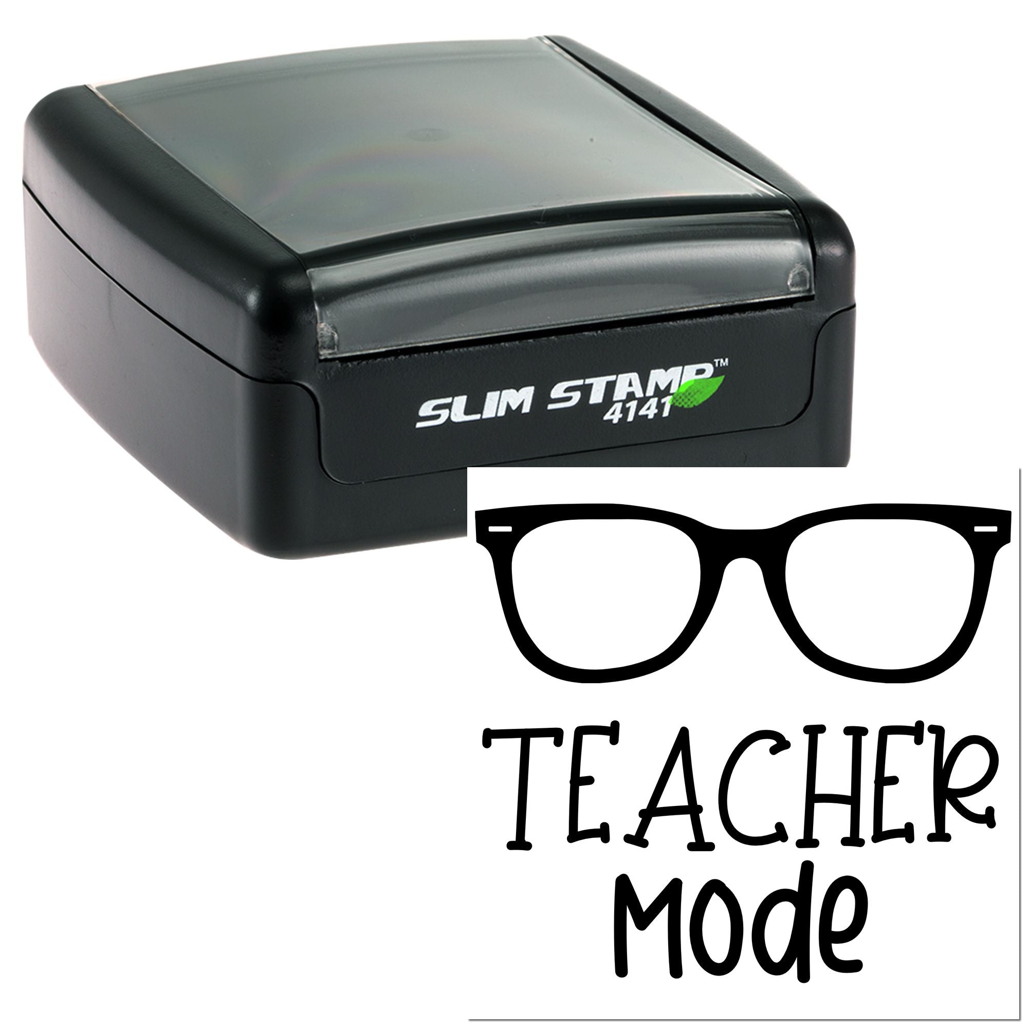 Slim Stamp 4141 teacher mode self-inking rubber stamp with glasses icon for classroom grading and teacher supplies.