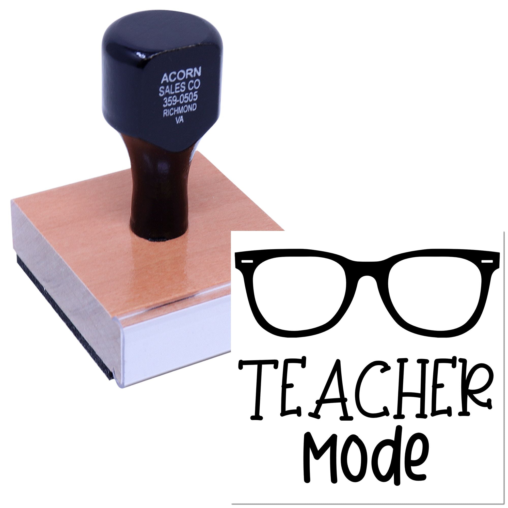 Teacher Mode rubber stamp with glasses icon, perfect for classroom grading, lesson planning, and educator supplies.