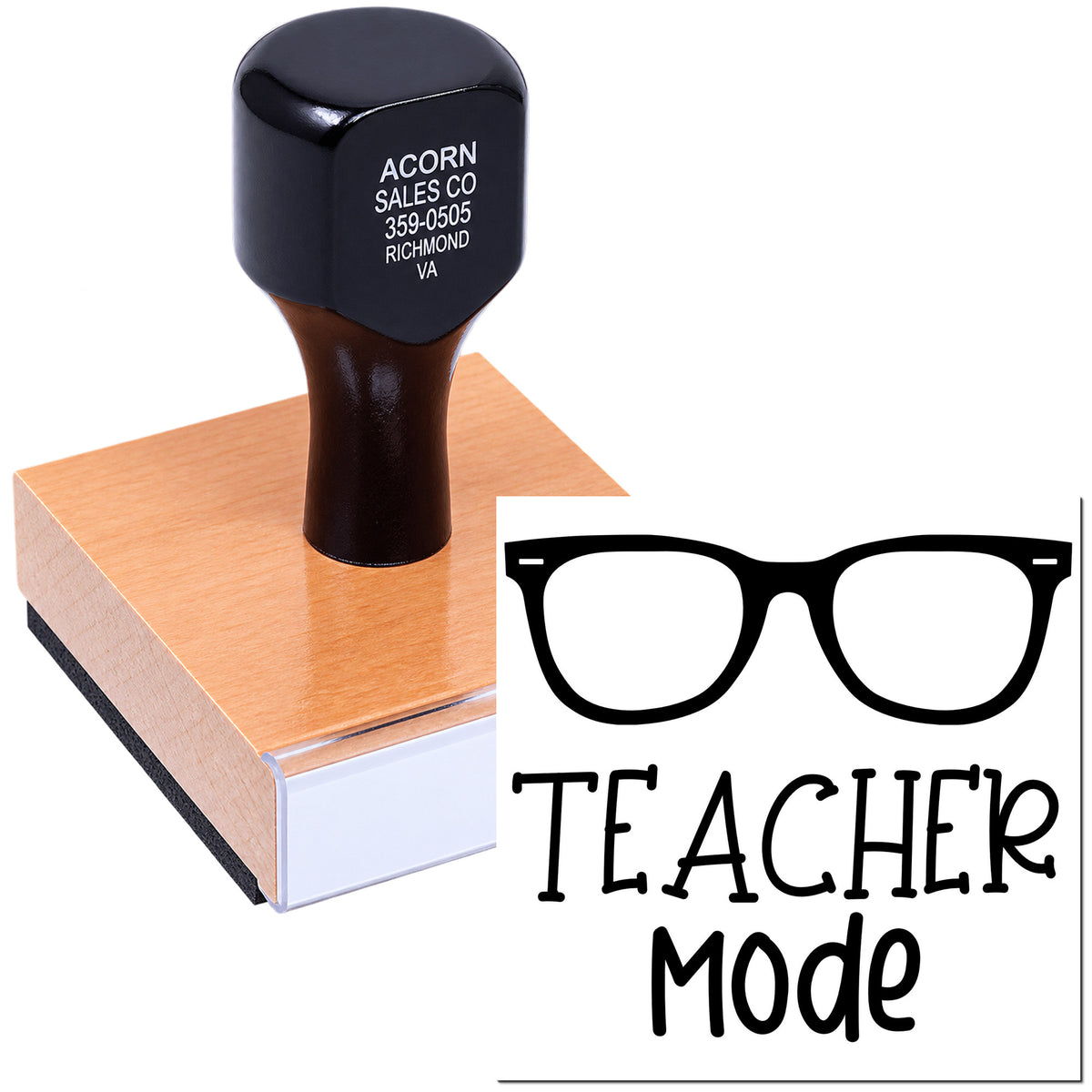 Teacher Mode rubber stamp with glasses icon, perfect for classroom grading, lesson planning, and educator supplies.
