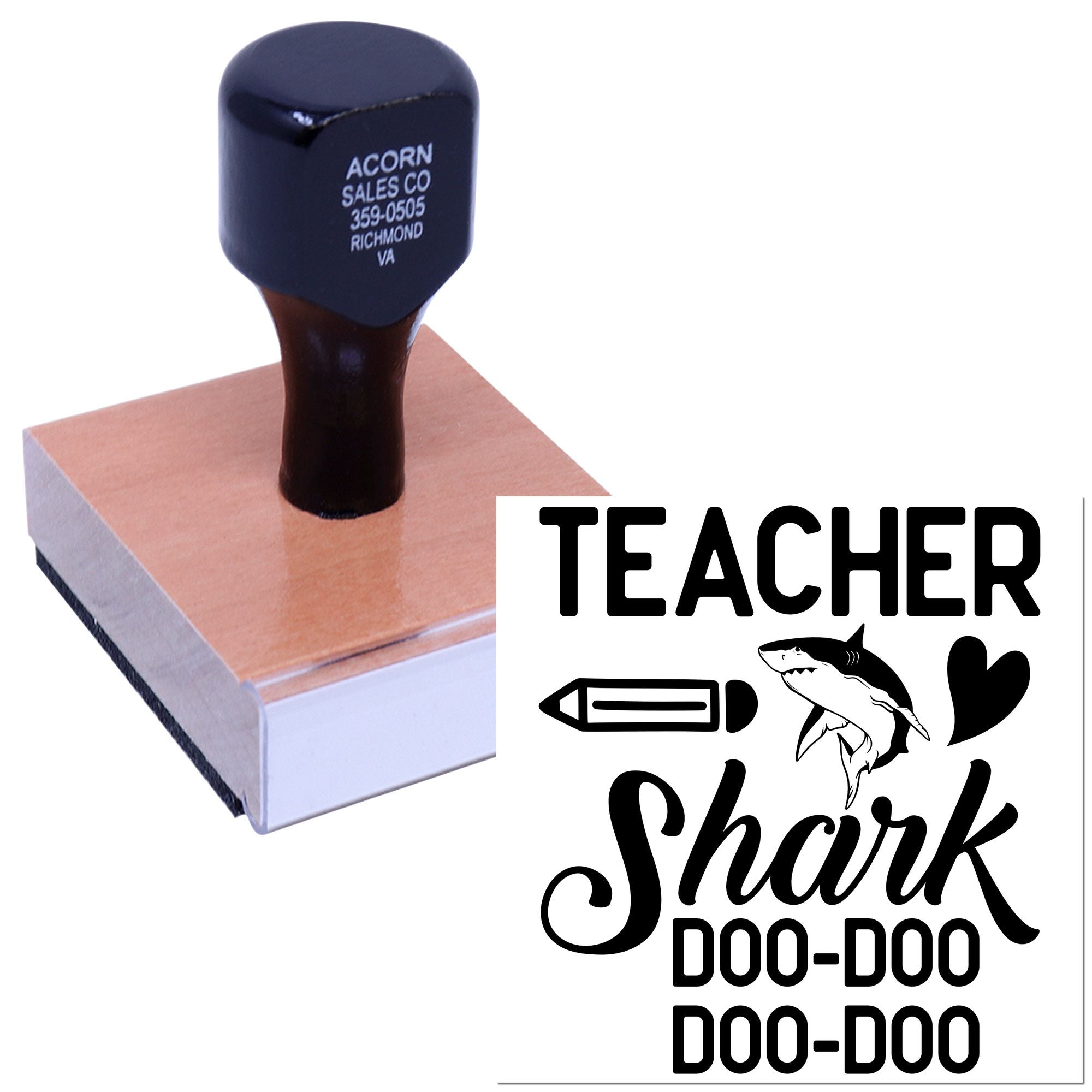 Teacher shark custom rubber stamp with pencil and heart design for grading papers, classroom crafts, and scrapbooking.