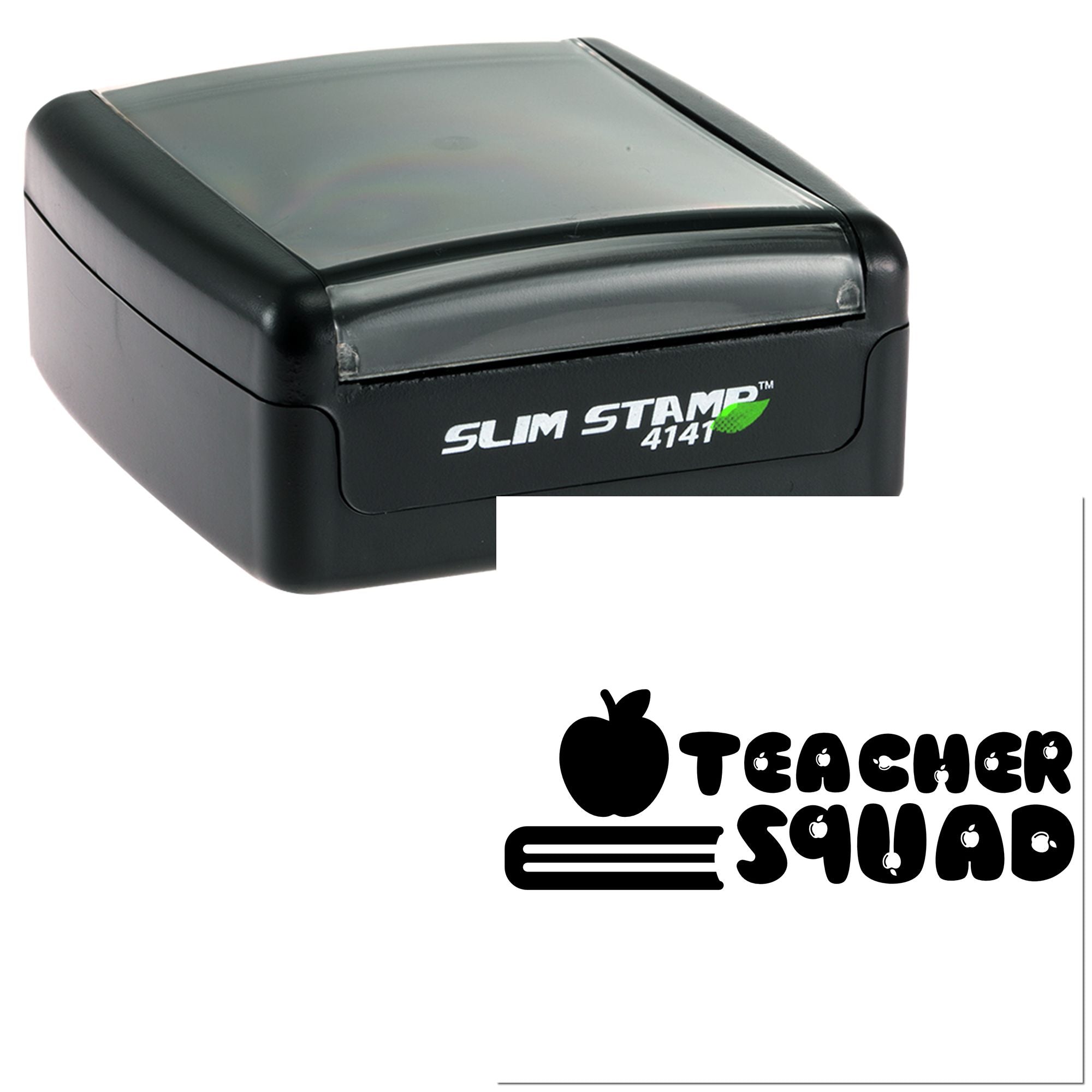 Self-inking Slim Stamp 4141 rubber stamp with Teacher Squad apple and book design for custom teacher rewards.