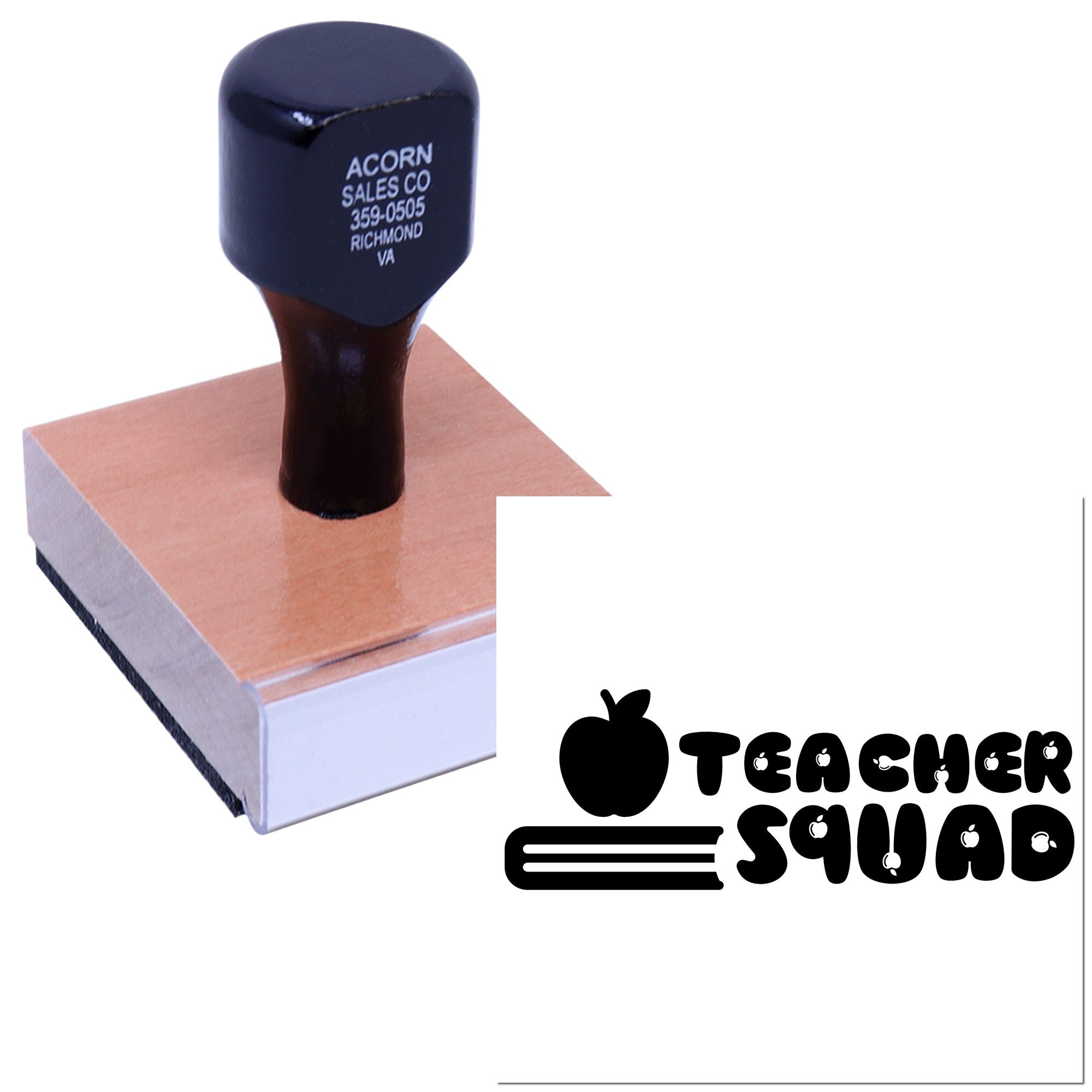 Custom Teacher Squad rubber stamp with apple logo for classroom grading, teacher notes, and school stationery.