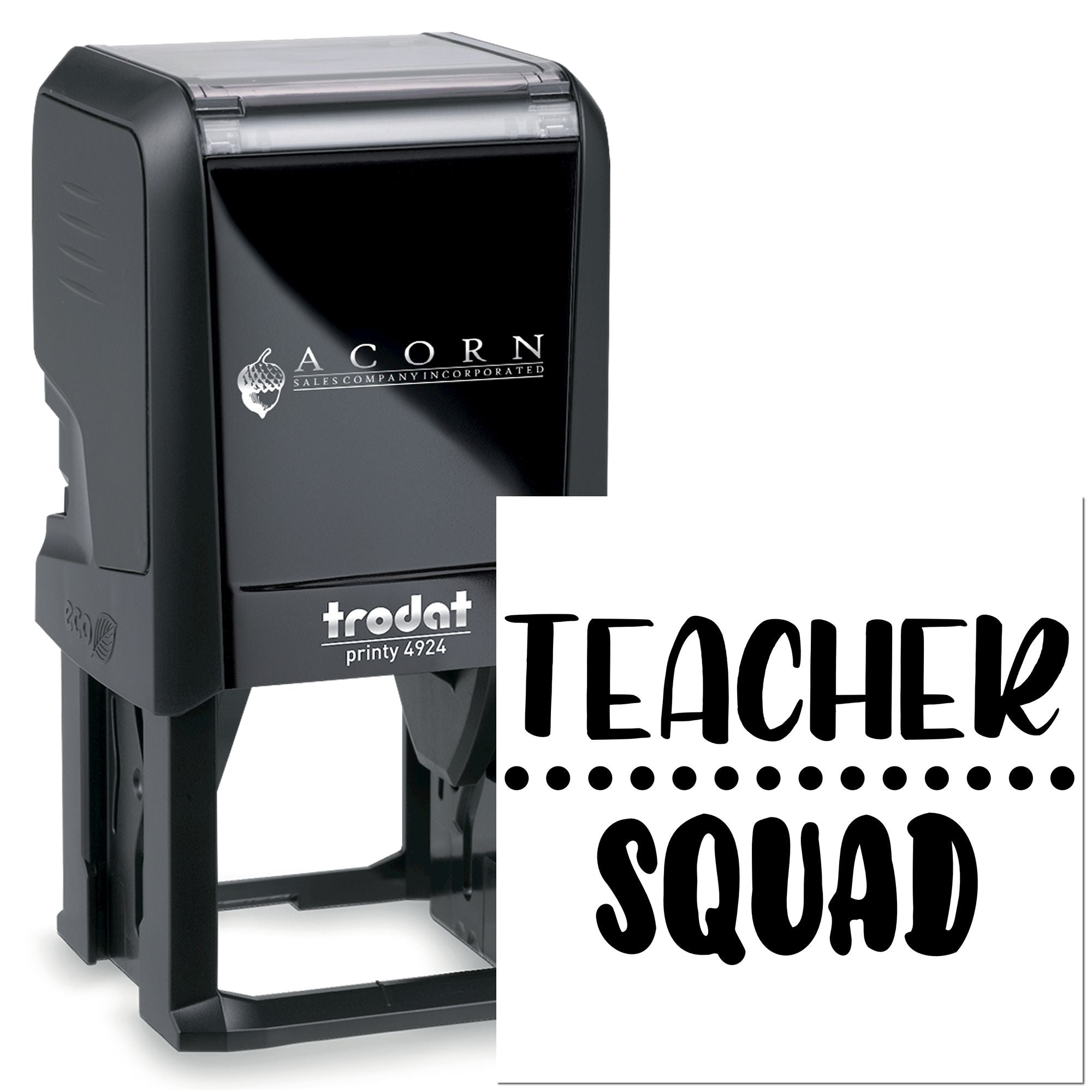 Teacher Squad custom self-inking rubber stamp, ideal for classroom use, lesson plans, and teacher gifts.