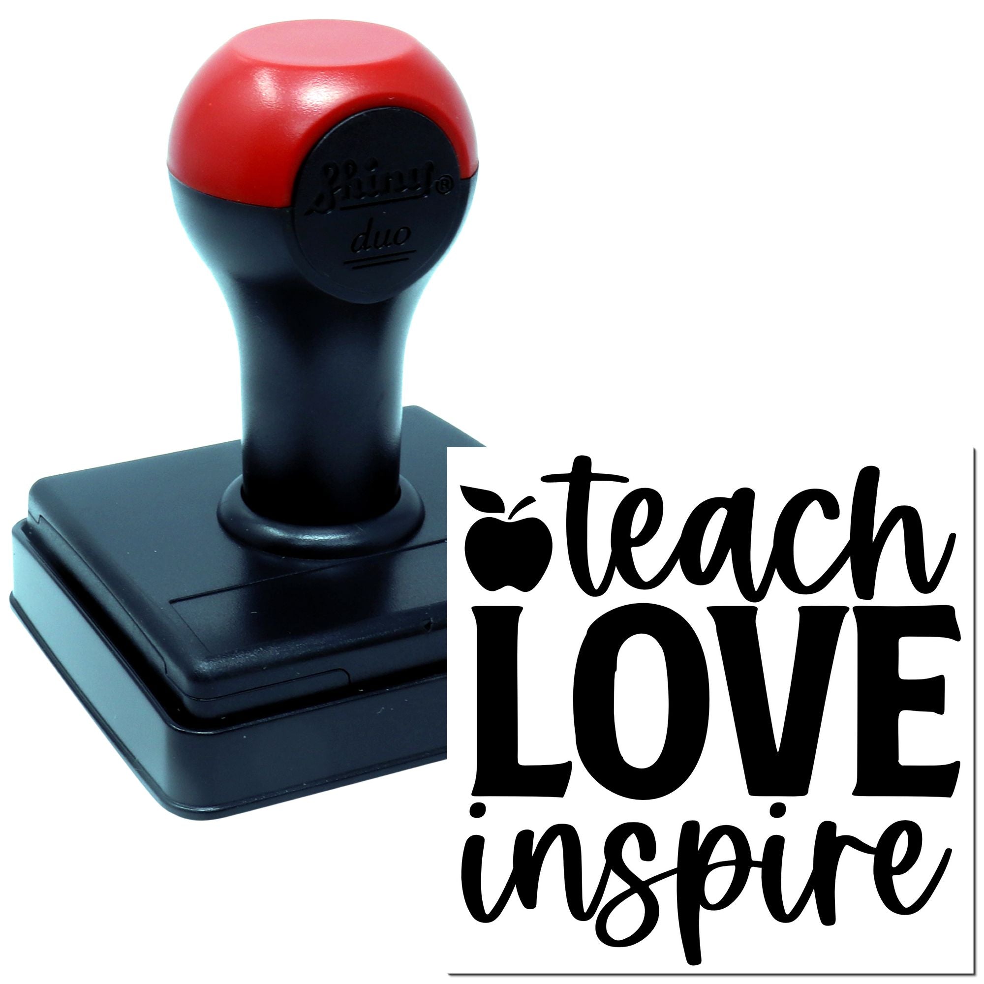 Self-inking teacher rubber stamp with teach love inspire design for classroom paperwork, cards, and crafts.