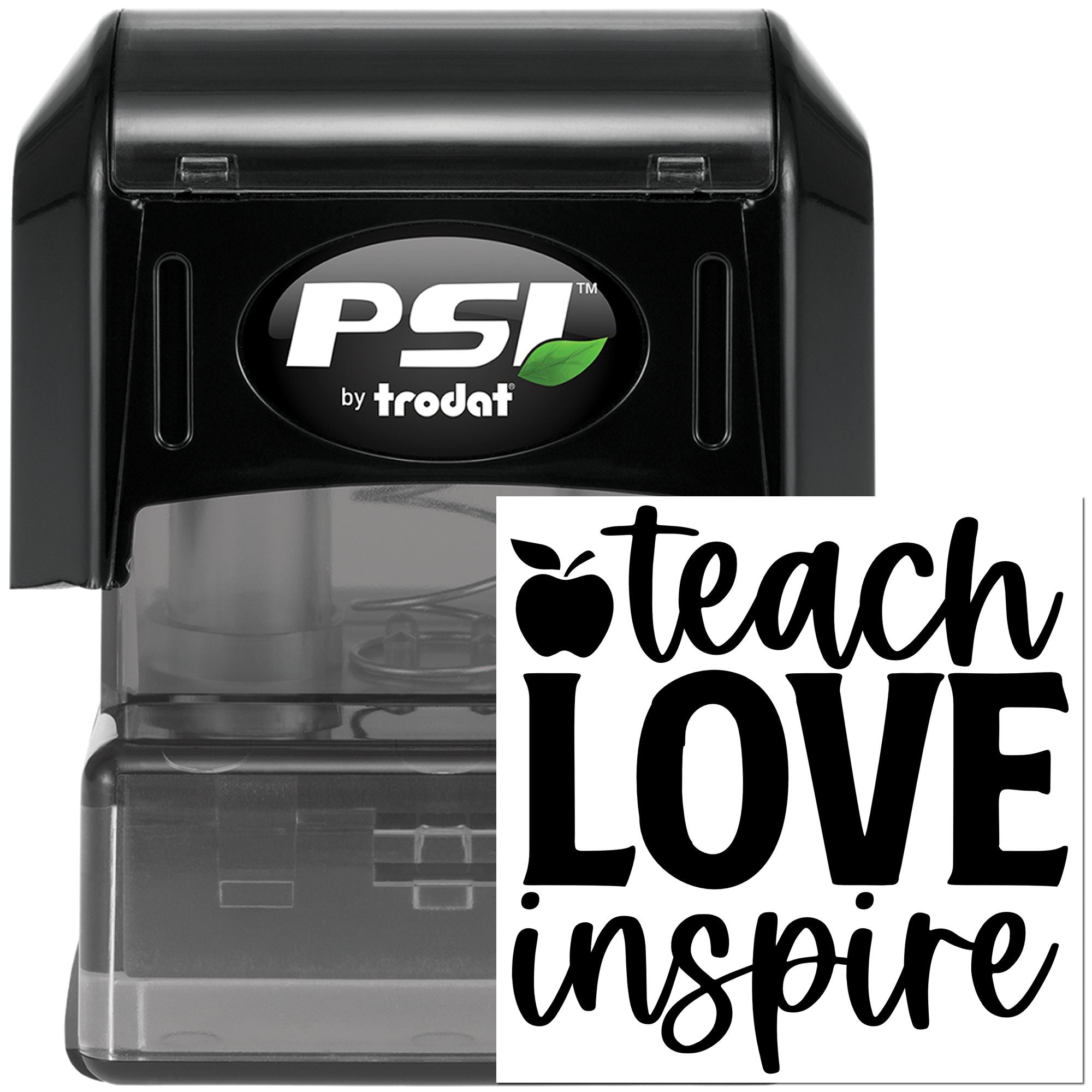 Custom self-inking teacher rubber stamp with Teach Love Inspire apple design, PSI by Trodat.
