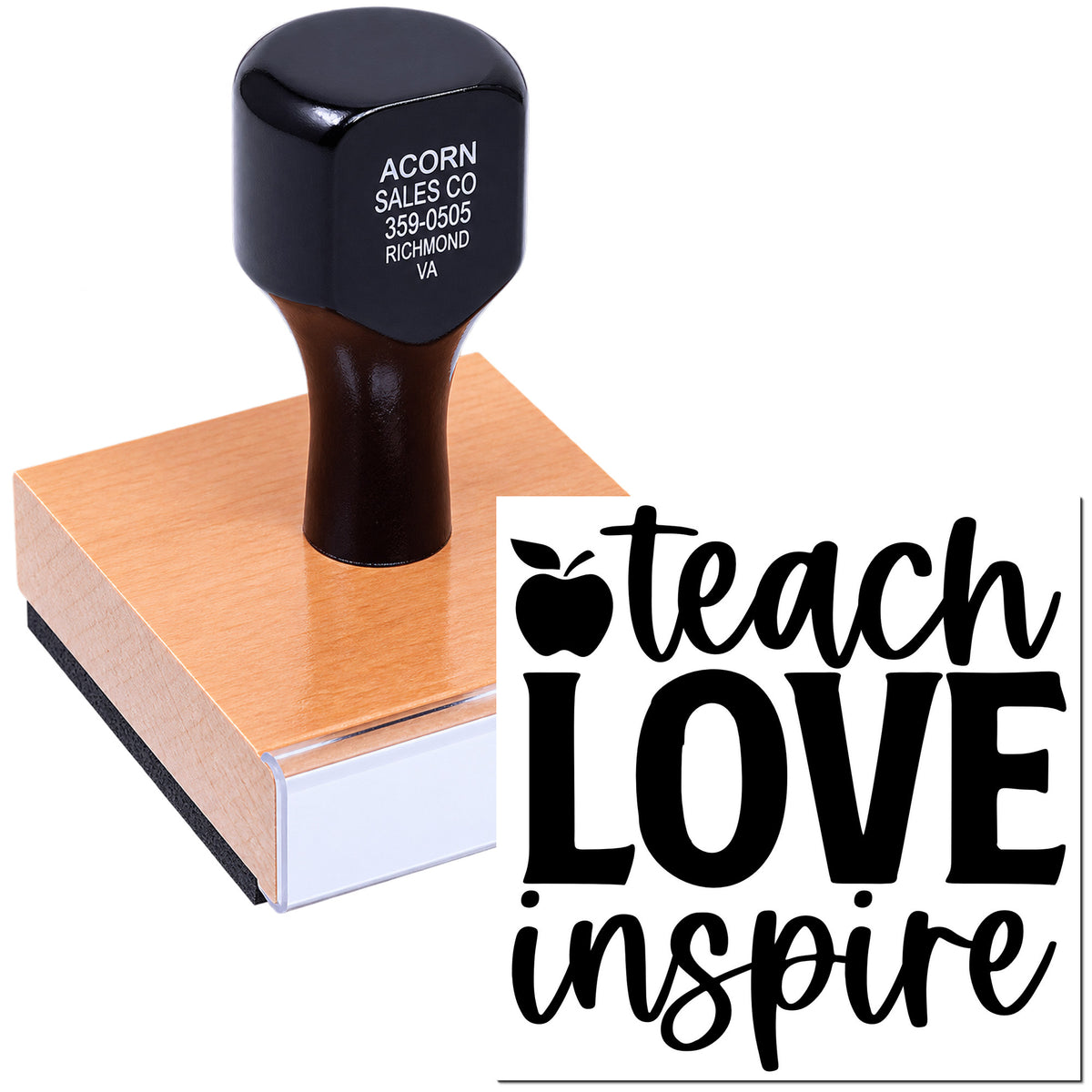 Custom teacher rubber stamp with Teach Love Inspire design for classroom crafts, cards, and educational projects
