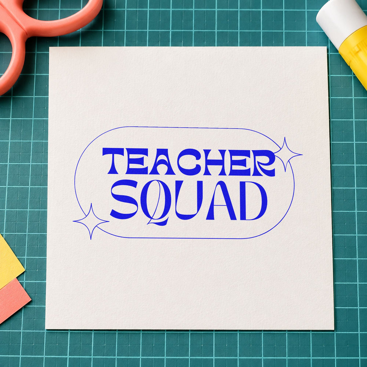 Teacher Squad Sparkle Capsule craft stamp imprinted in blue ink on paper, a design suited to sticker roll seals.