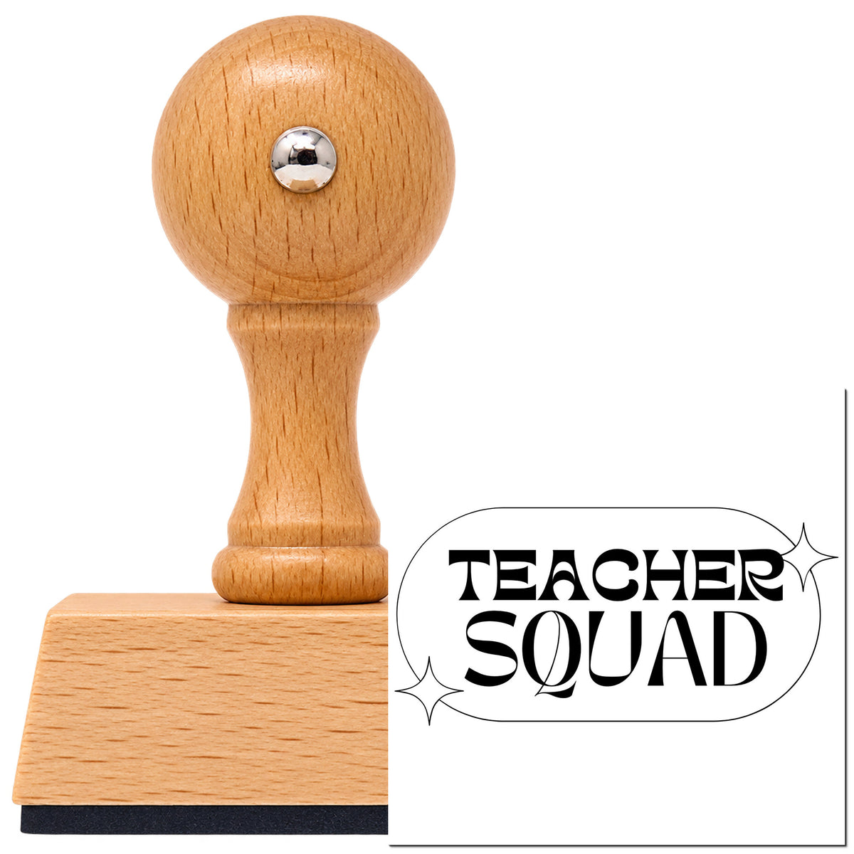 Teacher Squad Sparkle Capsule Outline Detail Vintage Pro rubber stamp in European beech wood with a round knob handle, shown beside its black imprint.