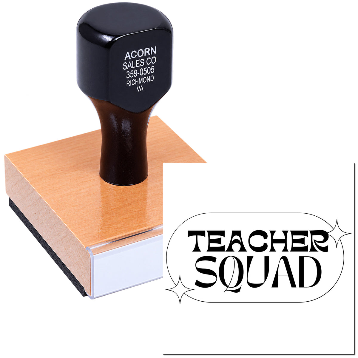 Teacher Squad custom rubber stamp on wooden base for classroom branding, teachers, and craft projects.