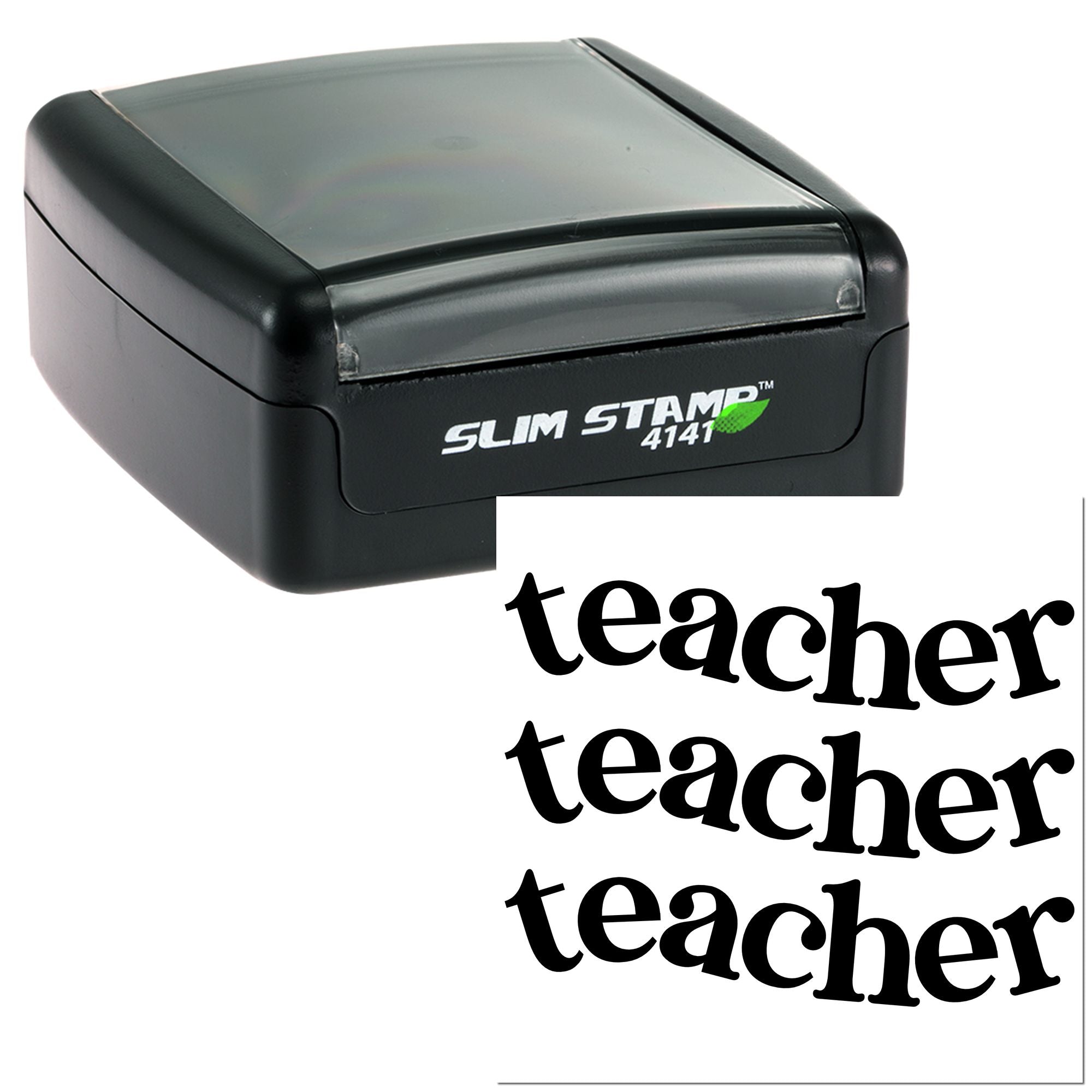 Teacher self-inking rubber stamp, Slim Stamp 4141, for classroom grading and quick teacher approval marks.
