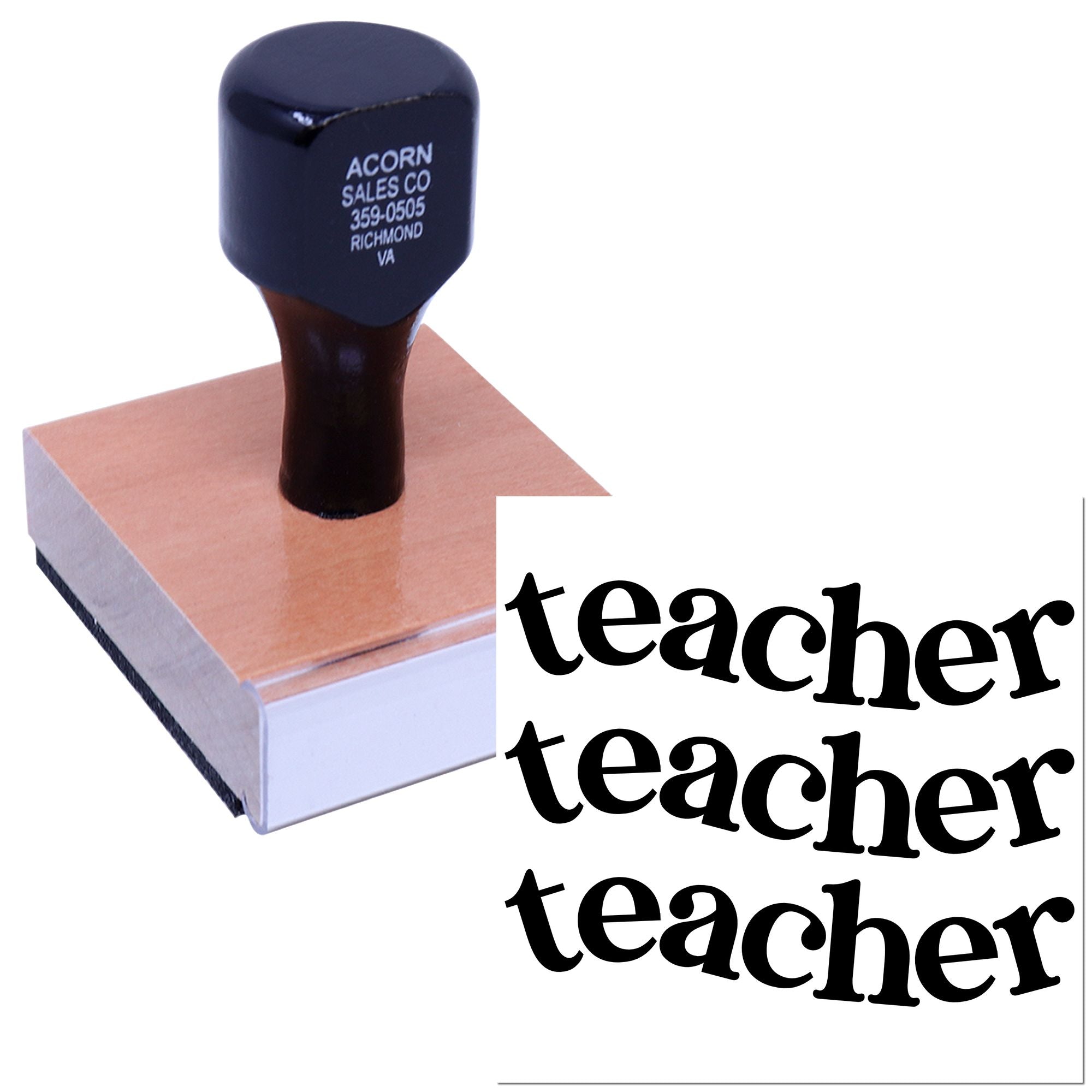Teacher rubber stamp with bold imprint for grading homework and organizing classroom paperwork.