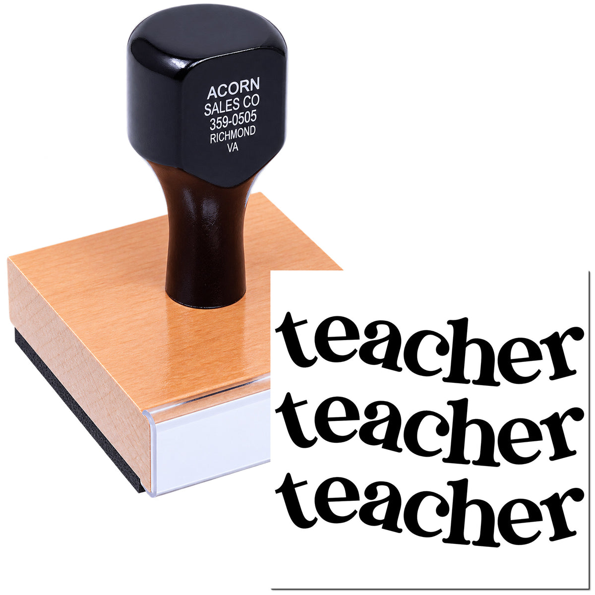 Teacher rubber stamp with bold imprint for grading homework and organizing classroom paperwork.