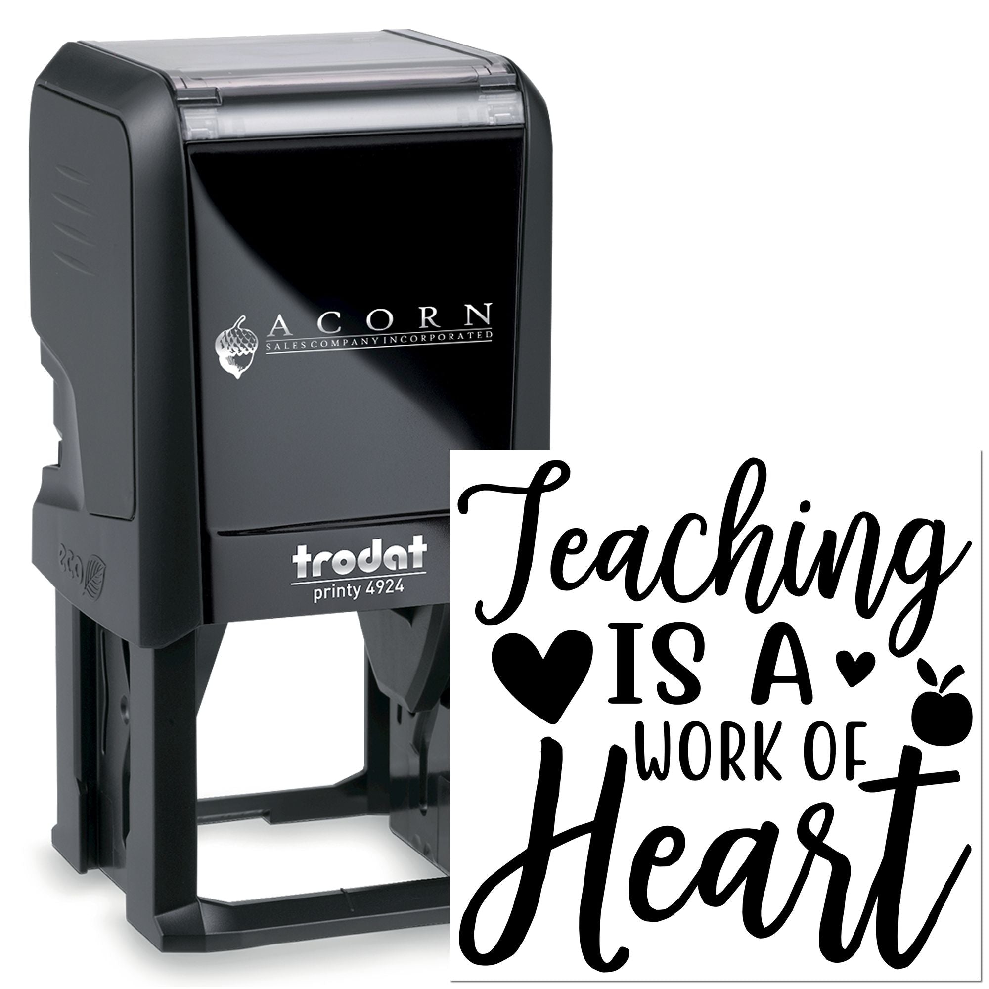Self-inking custom rubber stamp with Teaching is a work of heart design for teacher appreciation gifts and classroom use.