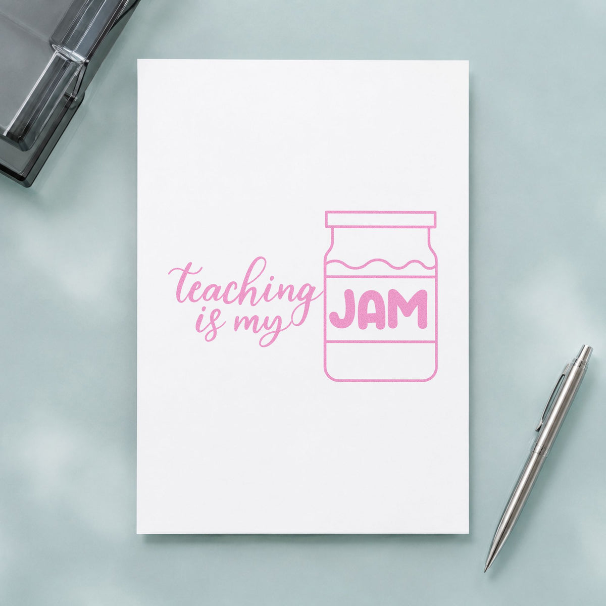 Teaching Is My Jam Jar craft stamp in purple ink on cardstock, an easy option for market stall tags.
