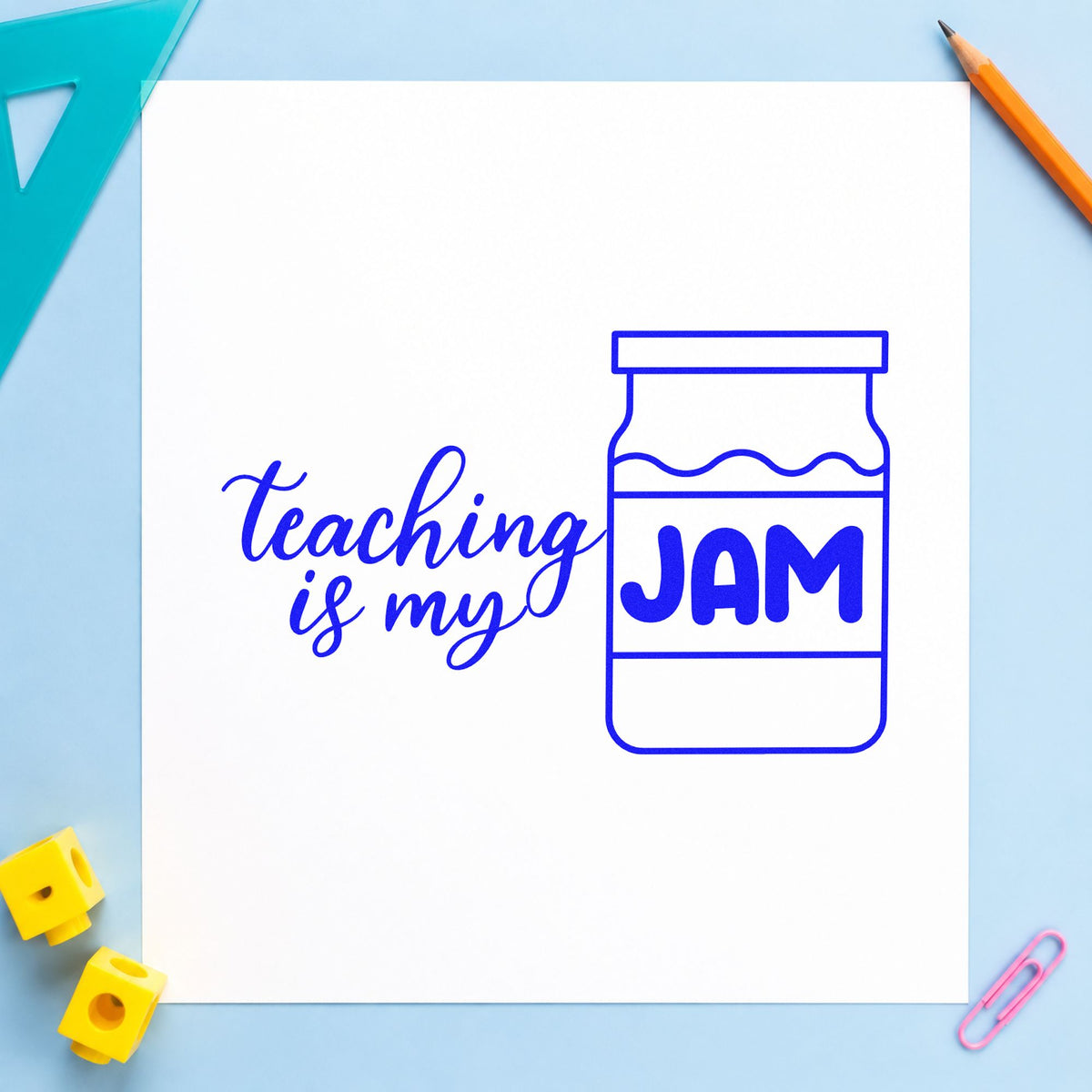 Teaching Is My Jam Jar craft stamp imprinted in blue ink on paper, a design suited to hamper box seals.