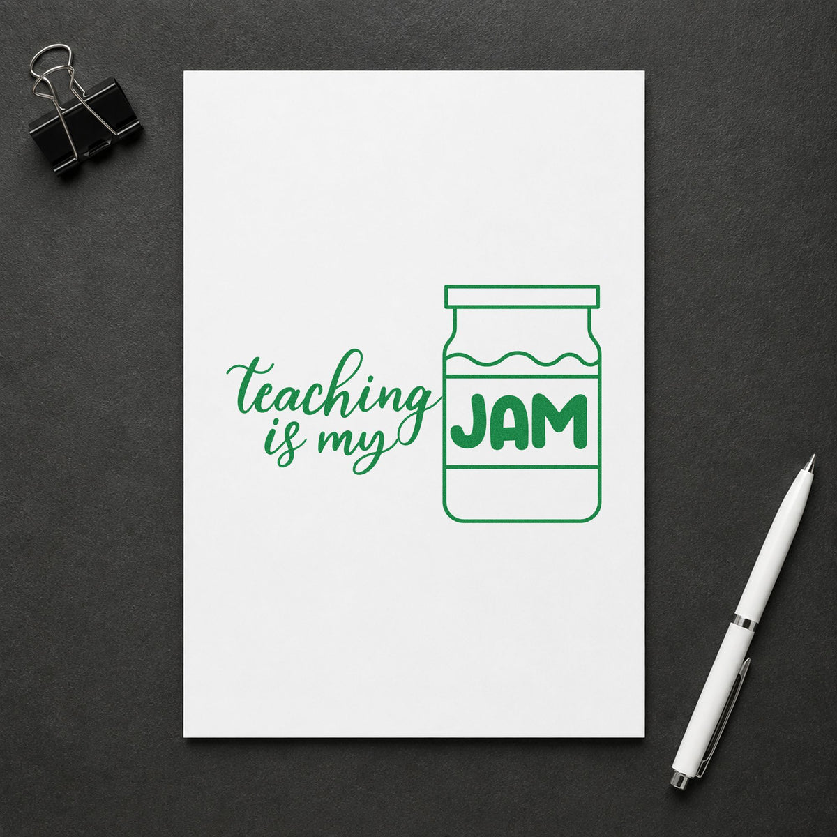 Teaching Is My Jam Jar craft stamp imprint in green ink on a handmade project, one idea being framed larder door.